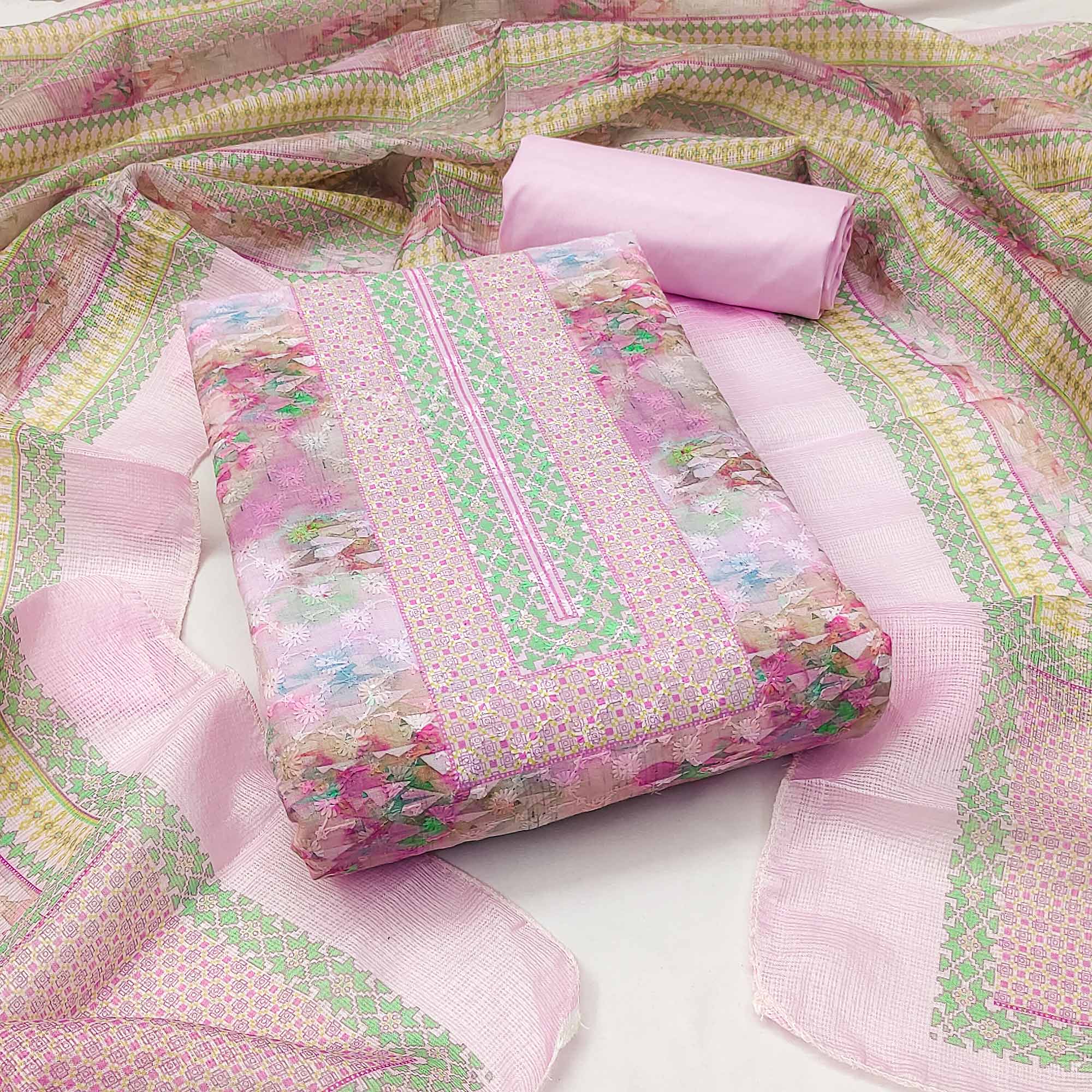 Pink Embroidered With Printed Cotton Blend Dress Material