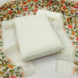 White Sequins Embroidered Cotton Blend Dress Material