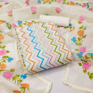 Off White Printed Kota Doria Dress Material