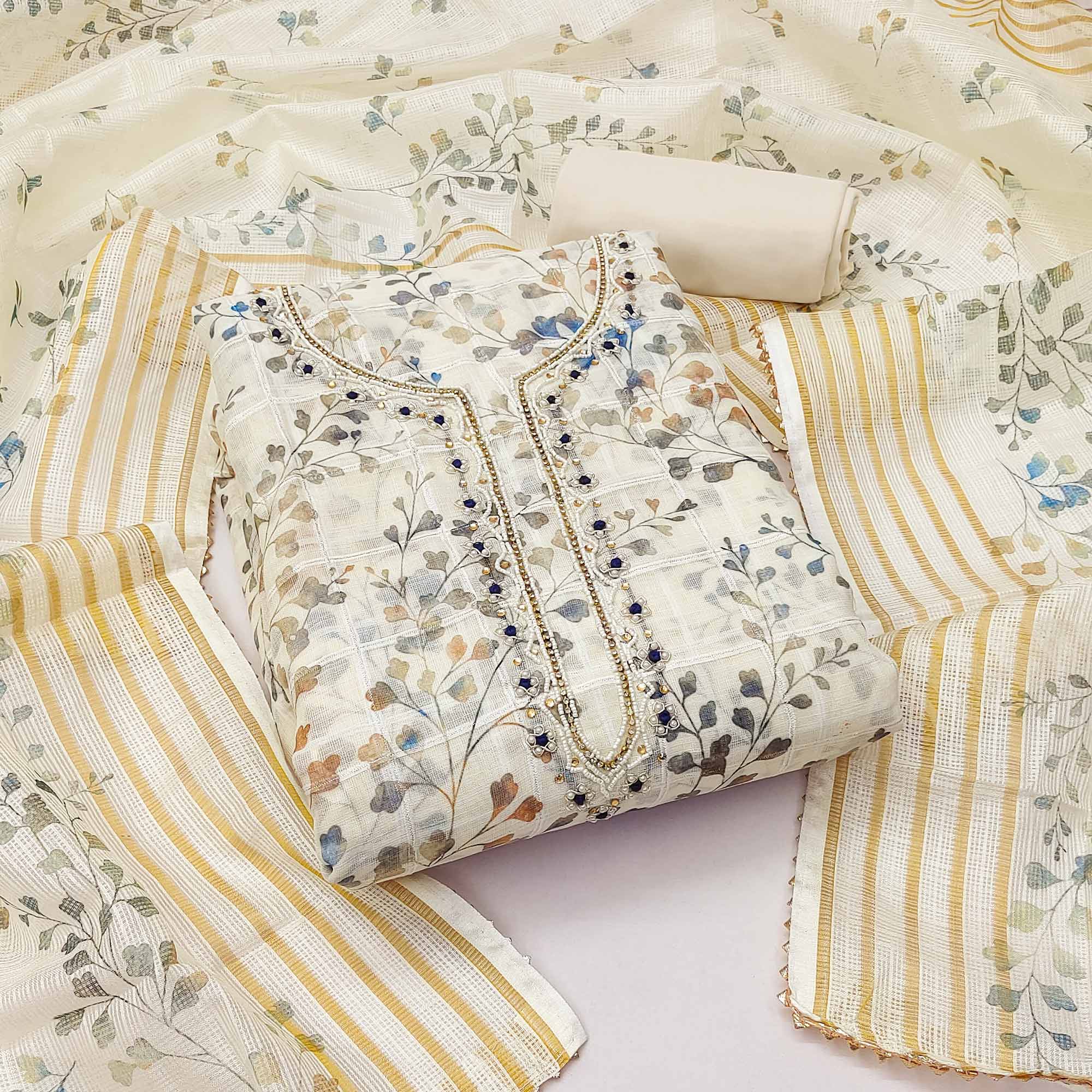 Cream Floral Printed Linen Dress Material