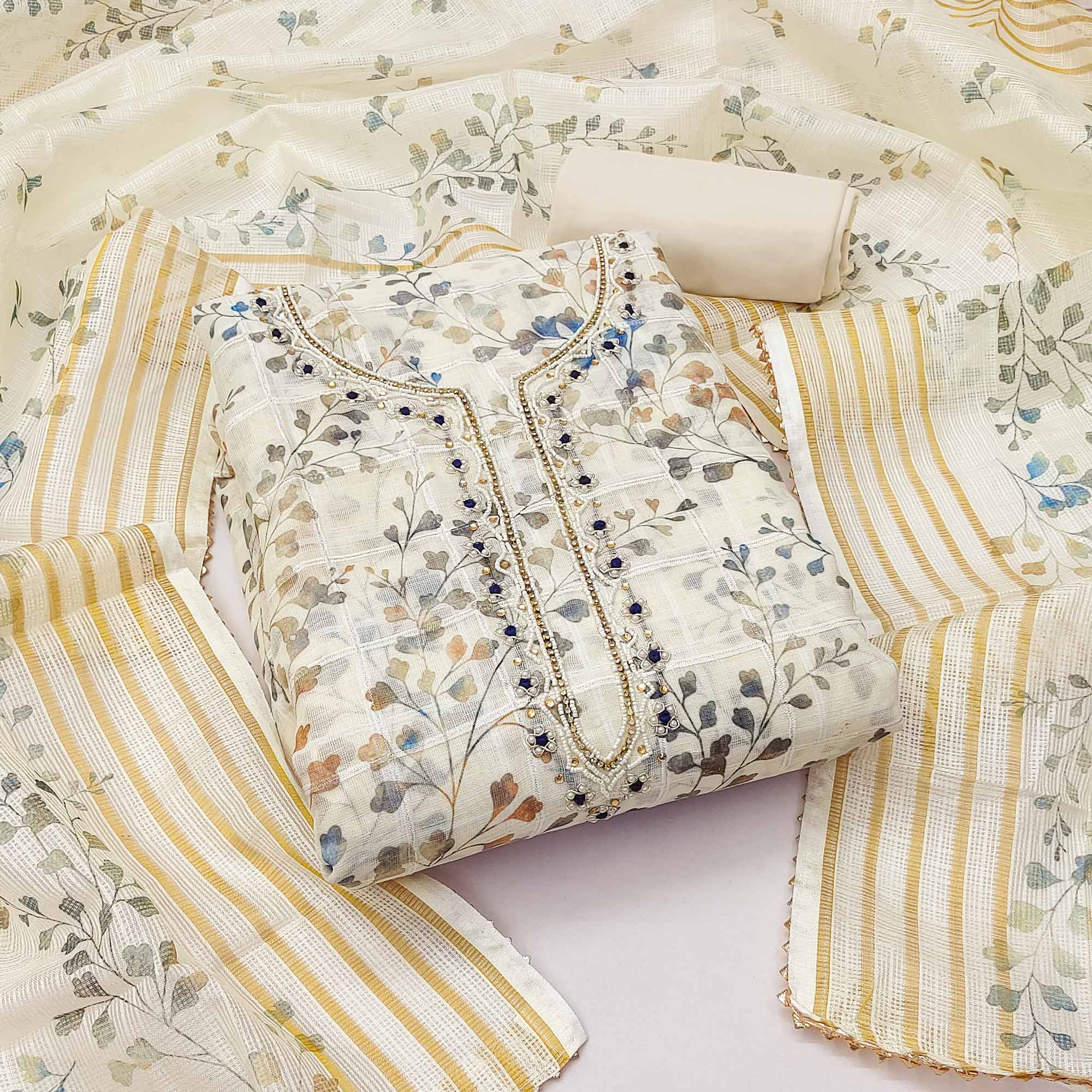 Cream Floral Printed Linen Dress Material Cream Floral Printed Linen Dress Material