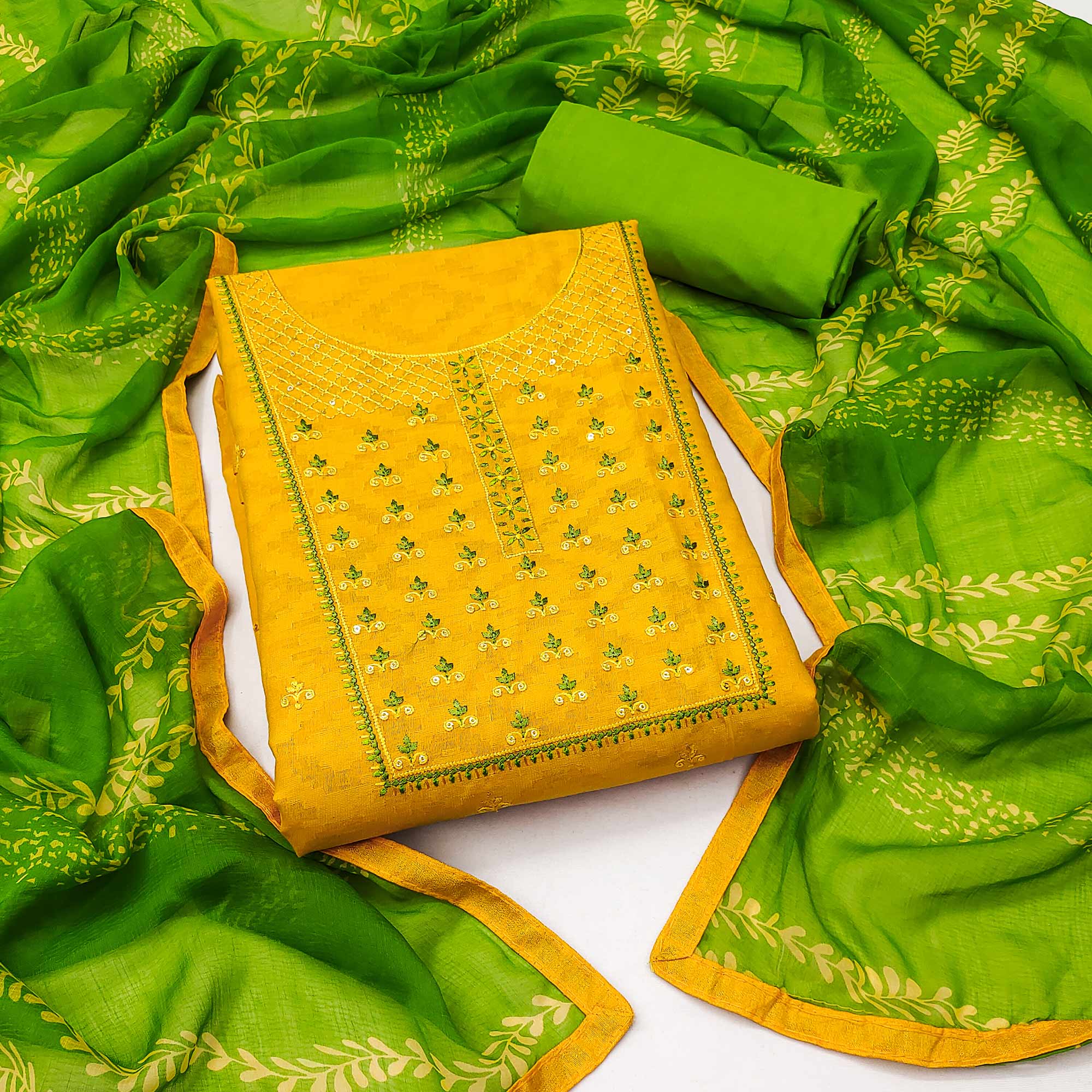 Yellow Sequins Floral Embroidered Pure Cotton Dress Material
