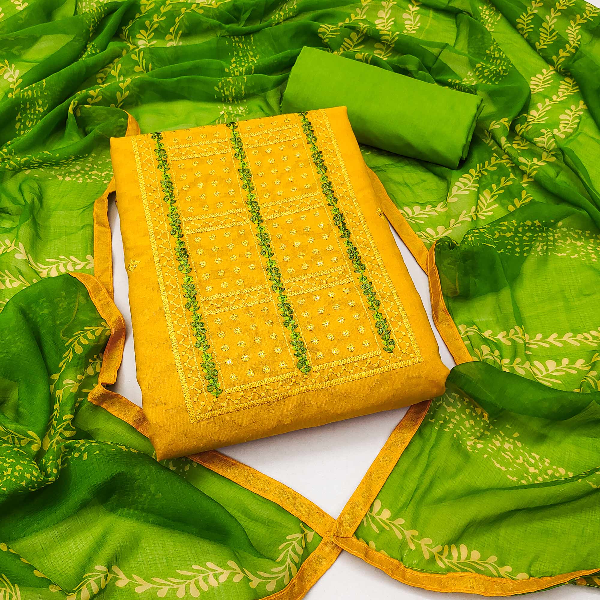 Yellow Sequins Floral Embroidered Pure Cotton Dress Material