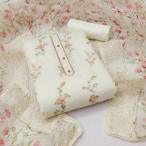 Off White Sequins Floral Embroidered Chanderi Dress Material