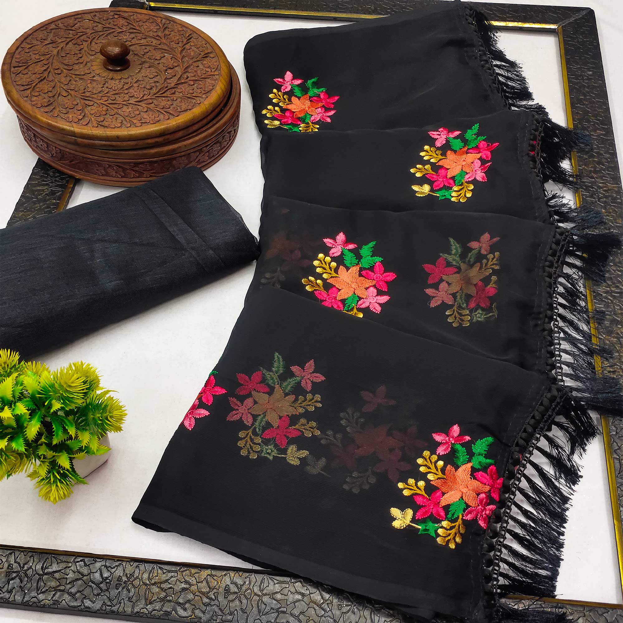 Black Floral Embroidered Chiffon Saree