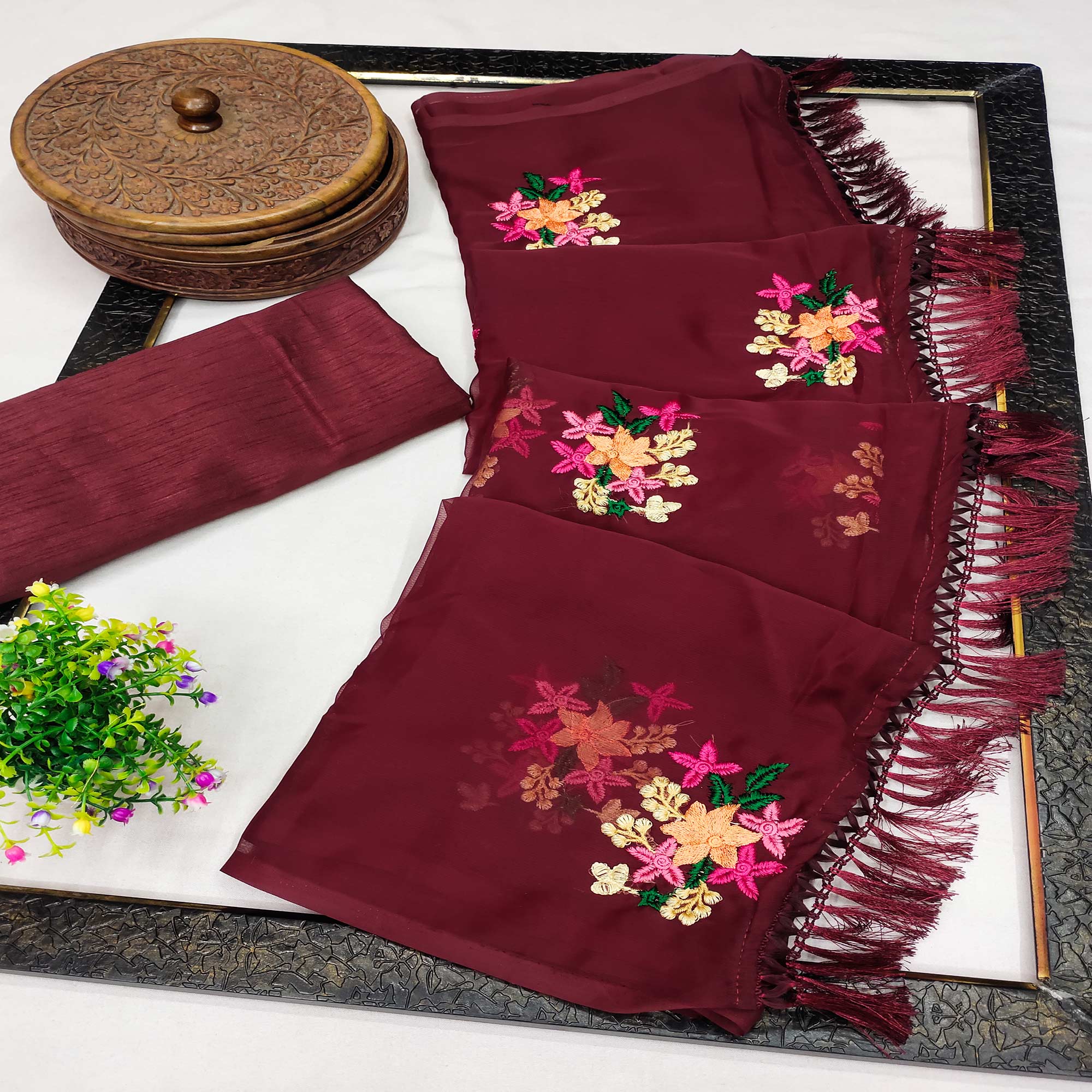 Maroon Floral Embroidered Chiffon Saree