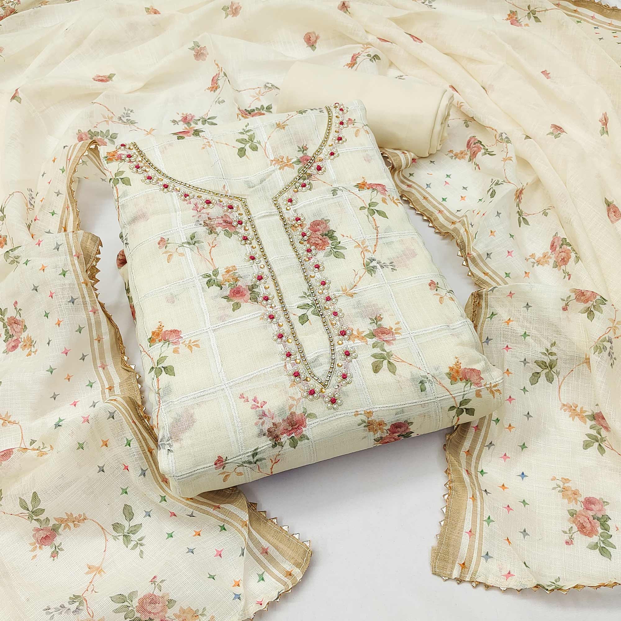 Cream Floral Printed Linen Dress Material