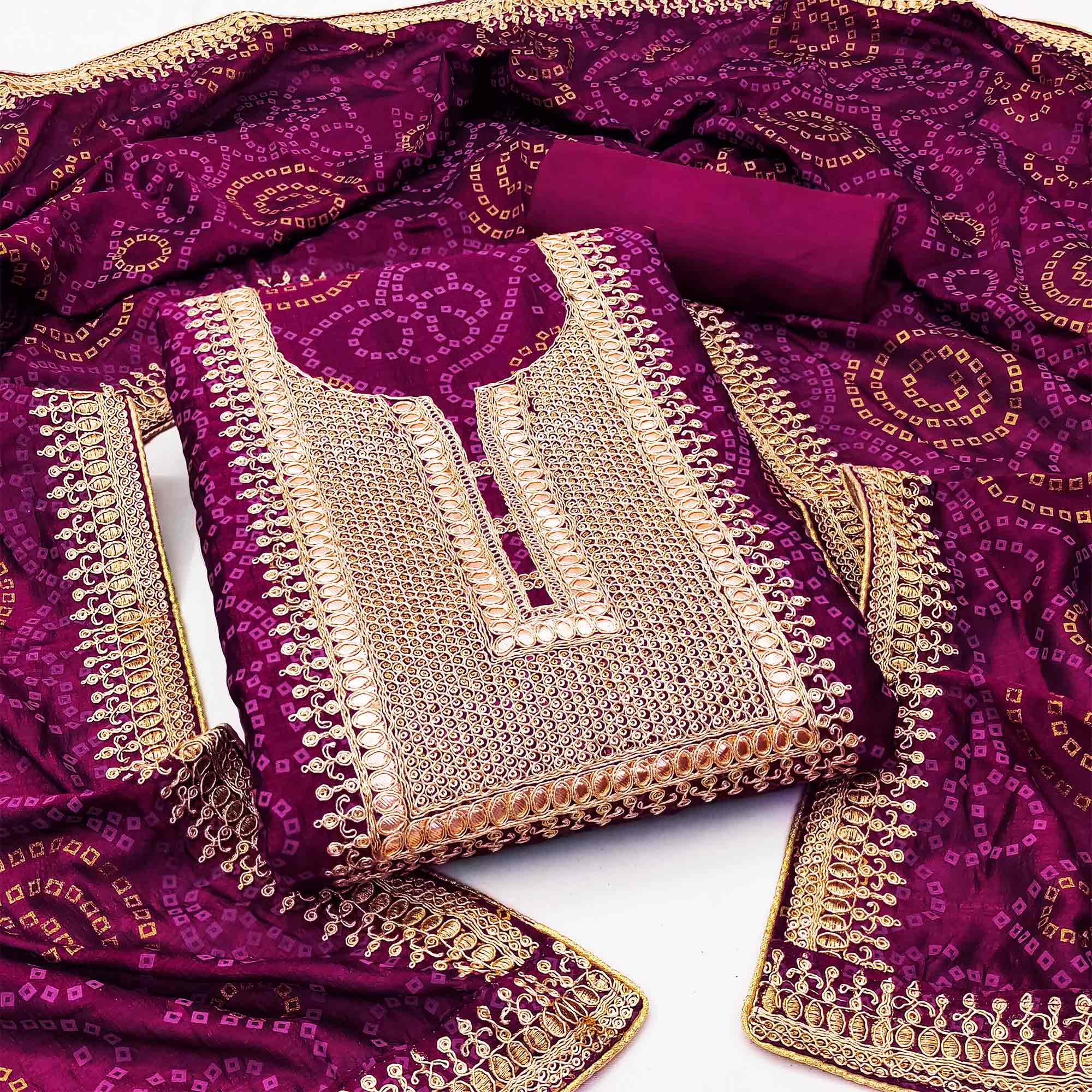Wine Printed With Embroidered Vichitra Silk Dress Material