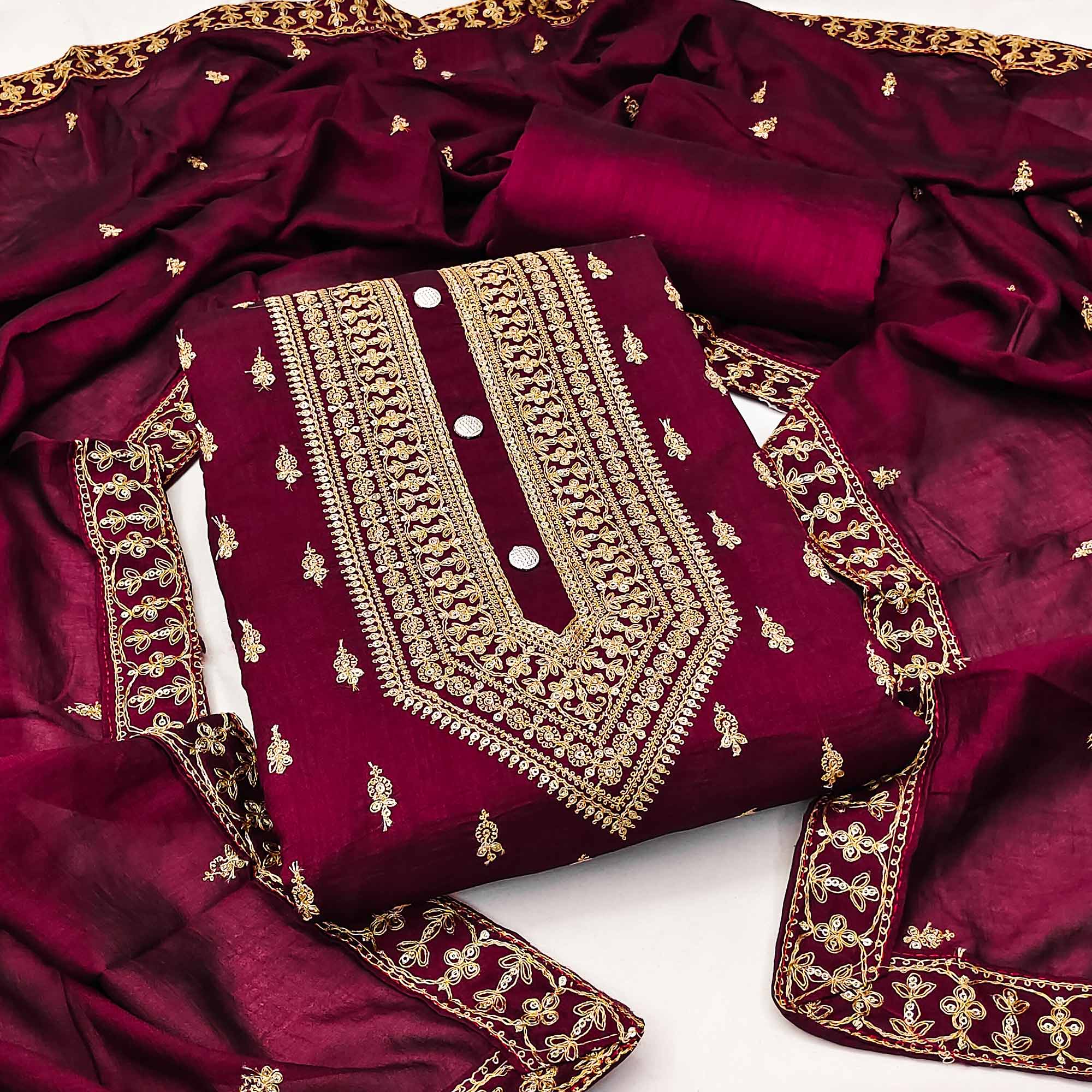 Maroon Sequins Embroidered Vichitra Silk Dress Material