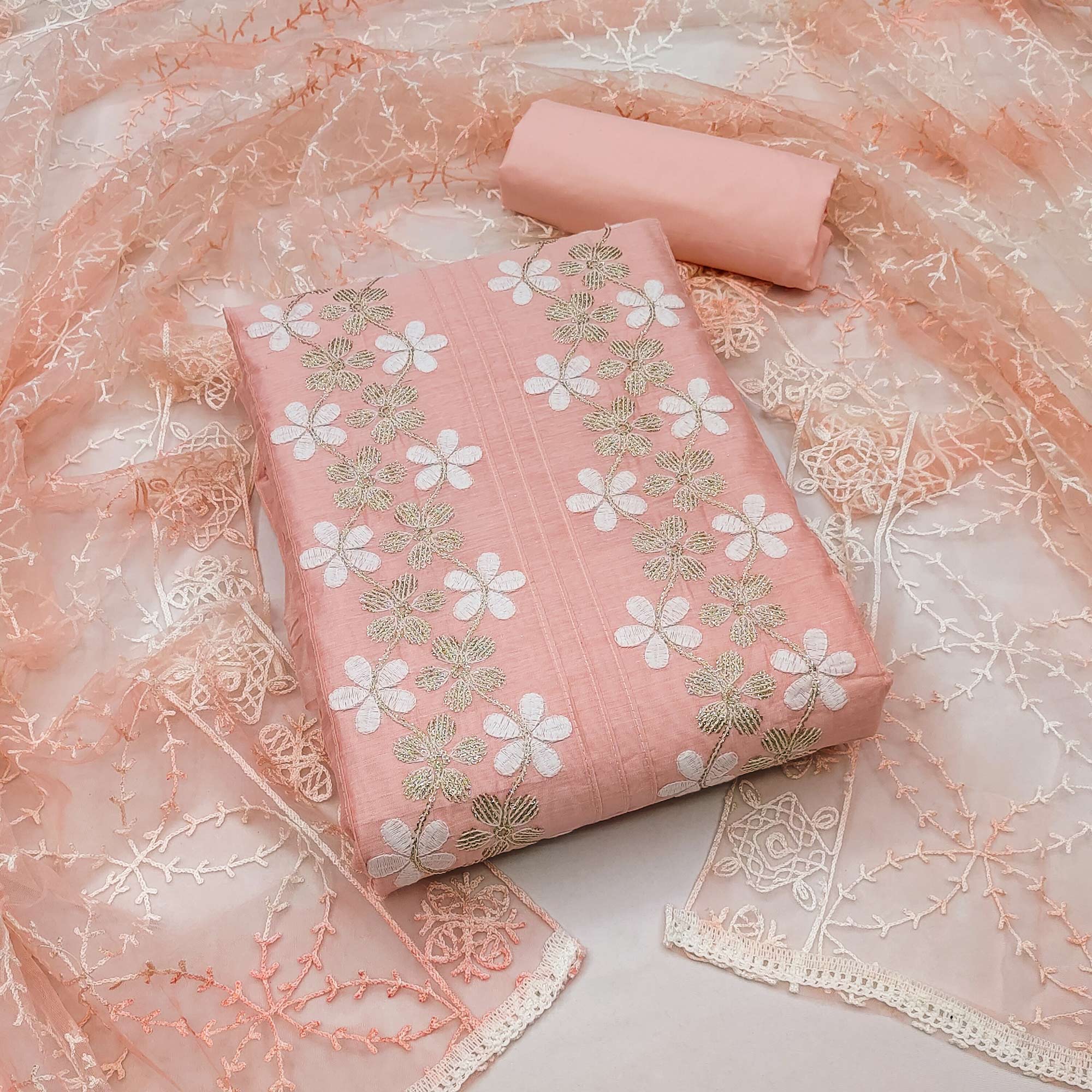 Peach Floral Embroidered Chanderi Dress Material