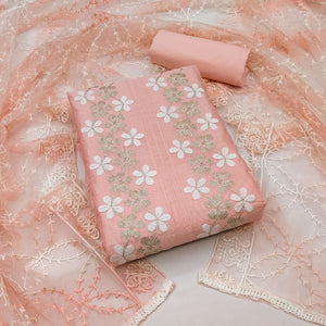 Peach Floral Embroidered Chanderi Dress Material