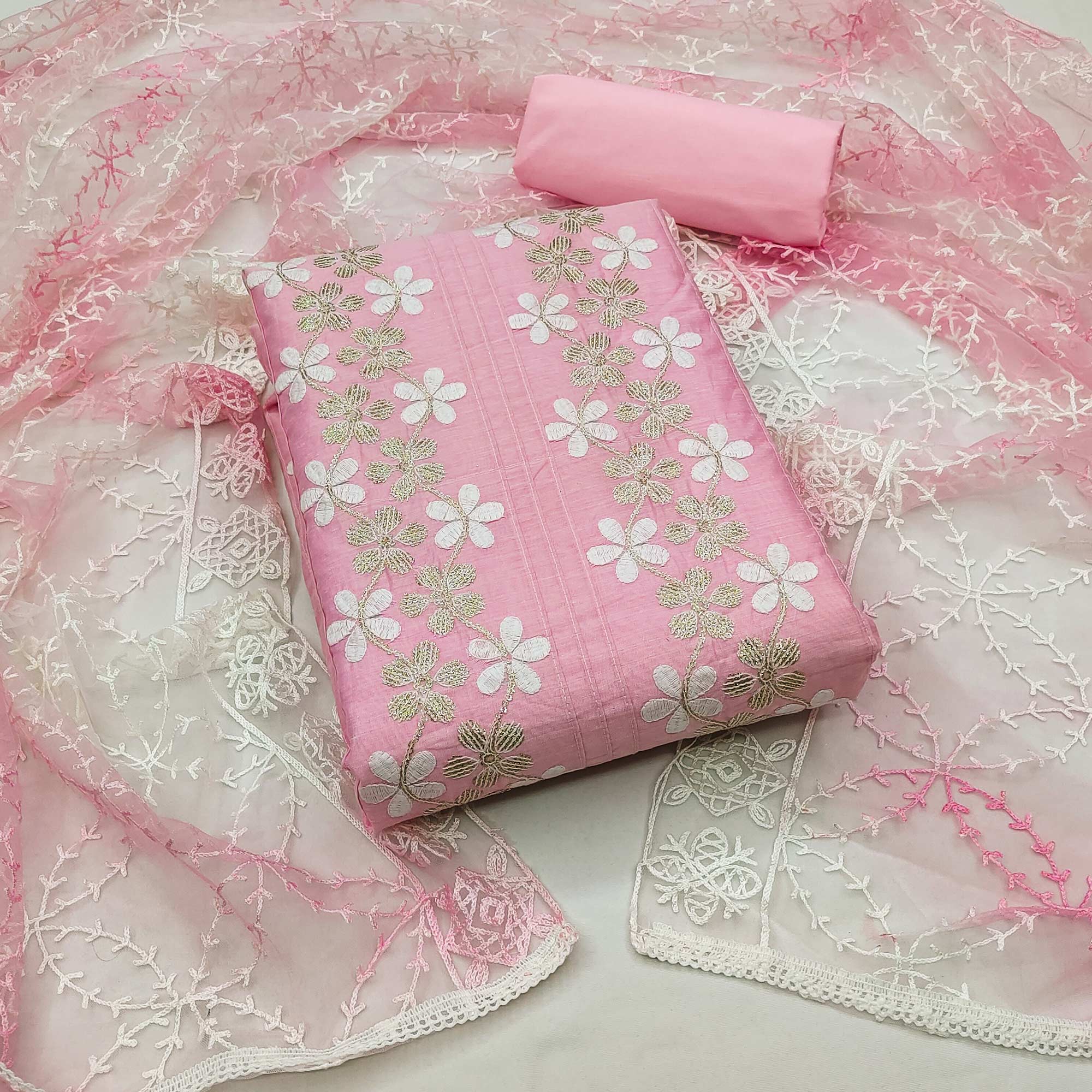 Pink Floral Embroidered Chanderi Dress Material