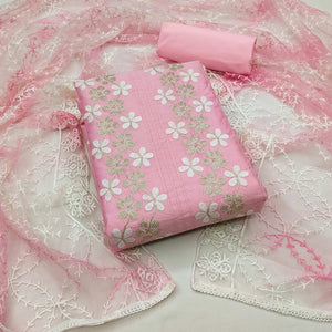 Pink Floral Embroidered Chanderi Dress Material