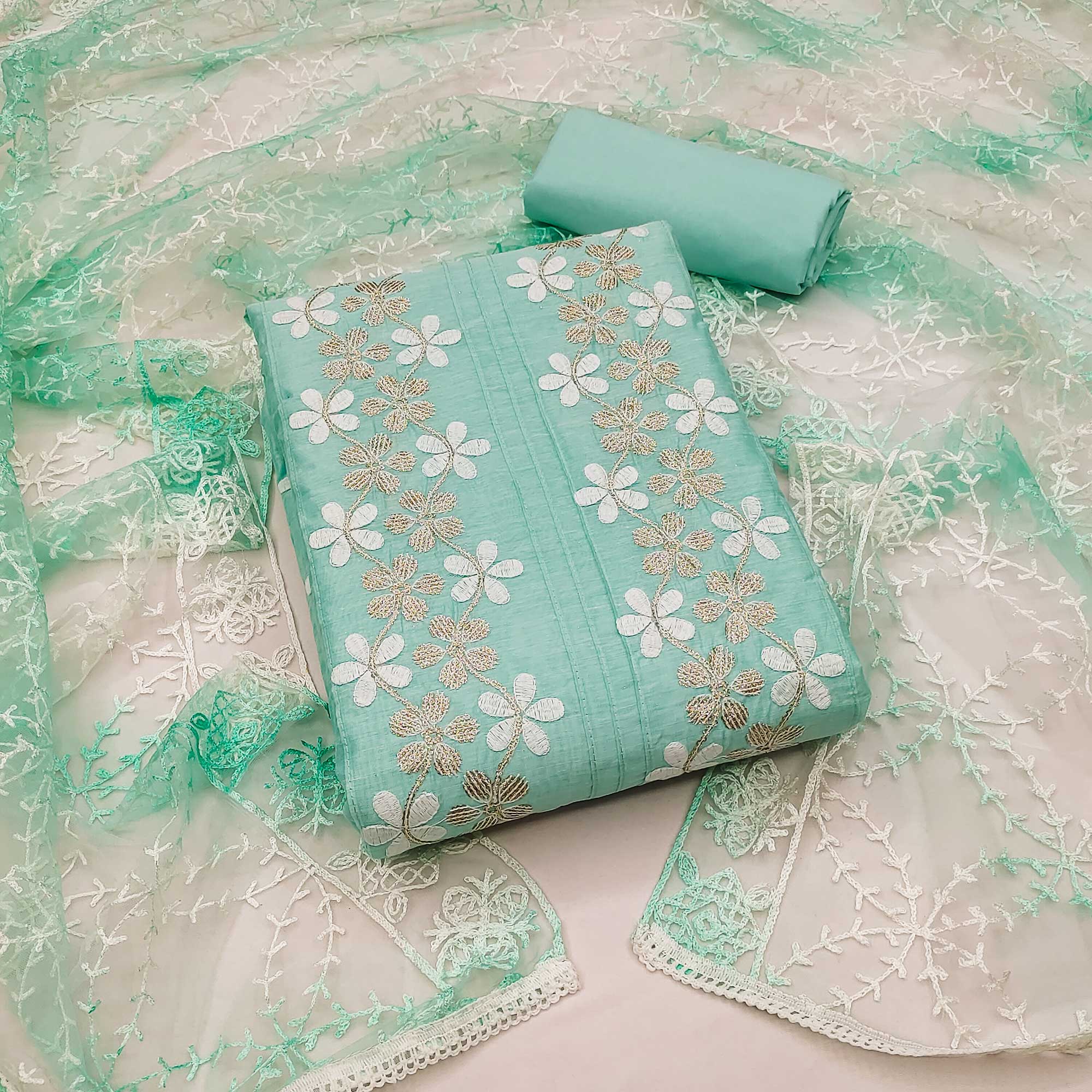 Turquoise Floral Embroidered Chanderi Dress Material
