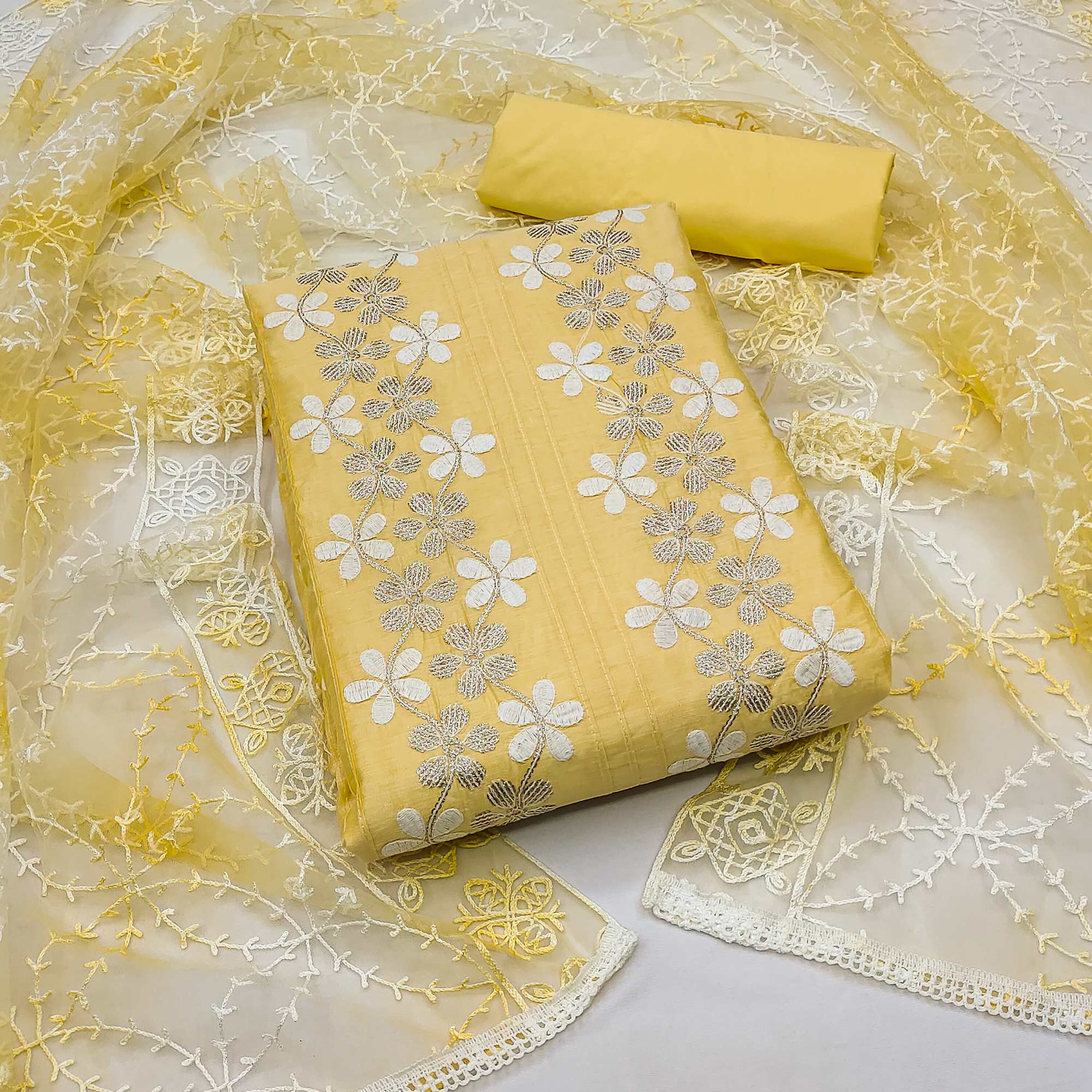 Yellow Floral Embroidered Chanderi Dress Material