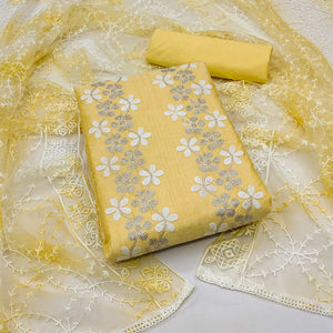 Yellow Floral Embroidered Chanderi Dress Material