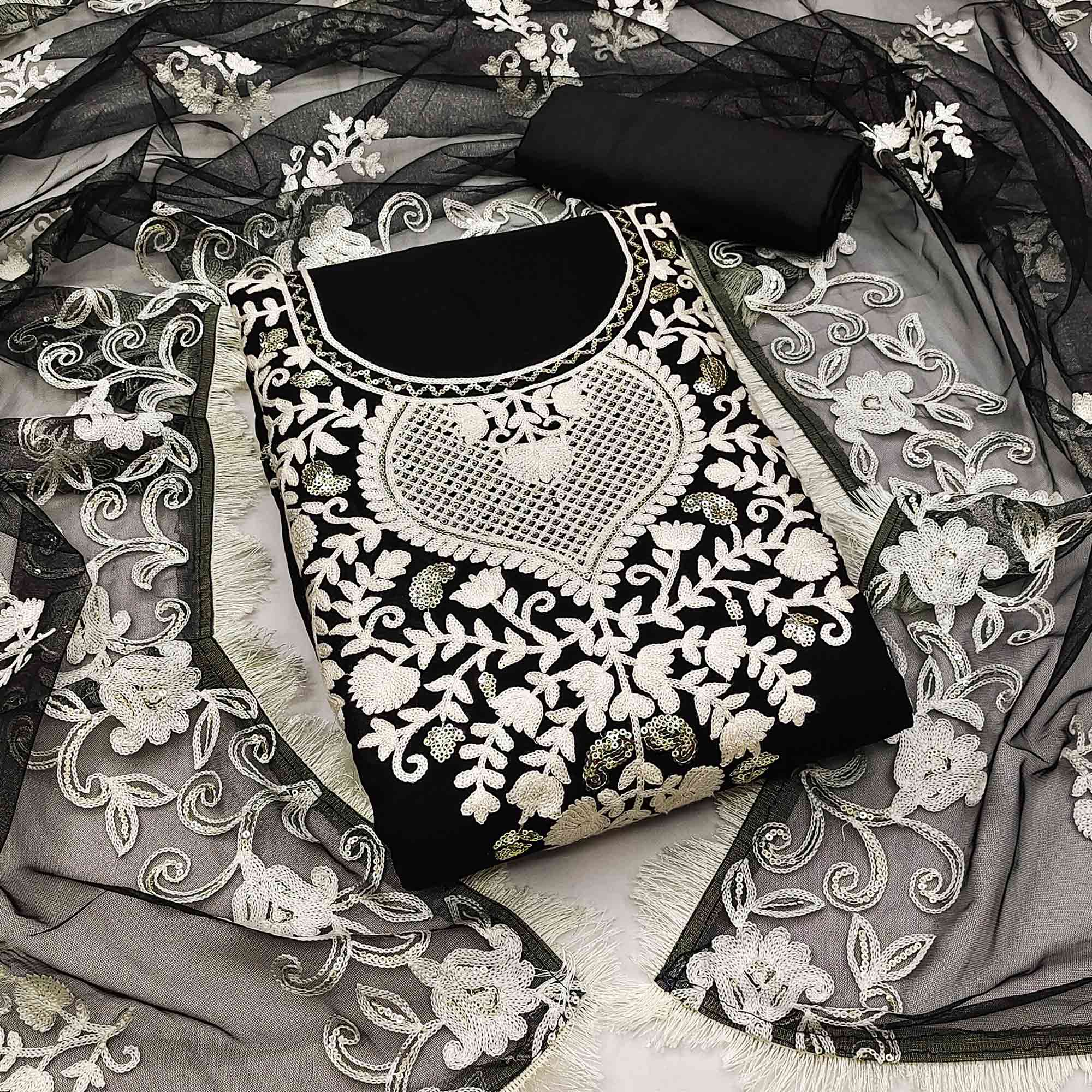 Black Floral Embroidered Georgette Dress Material