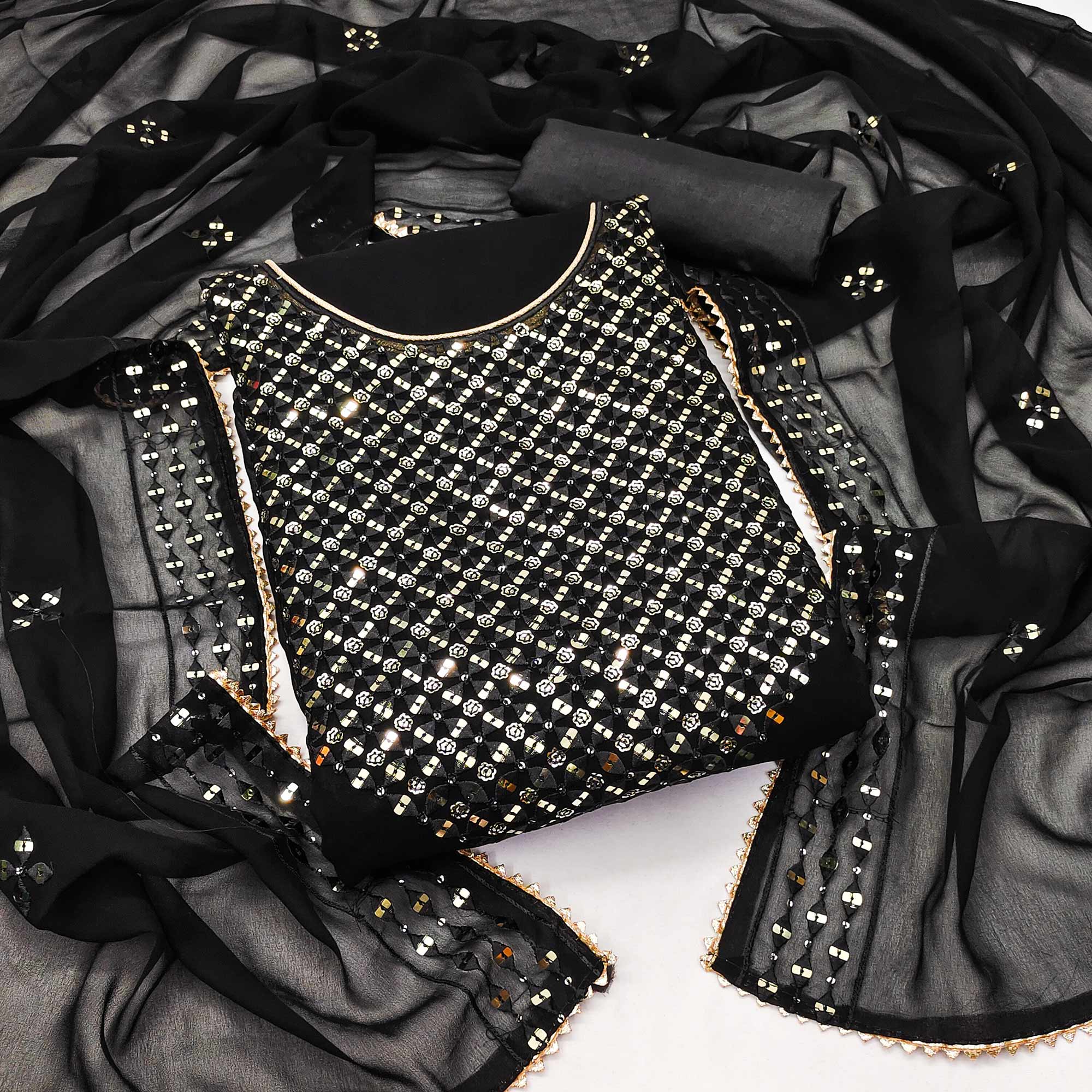 Black Sequins Embroidered Georgette Dress Material