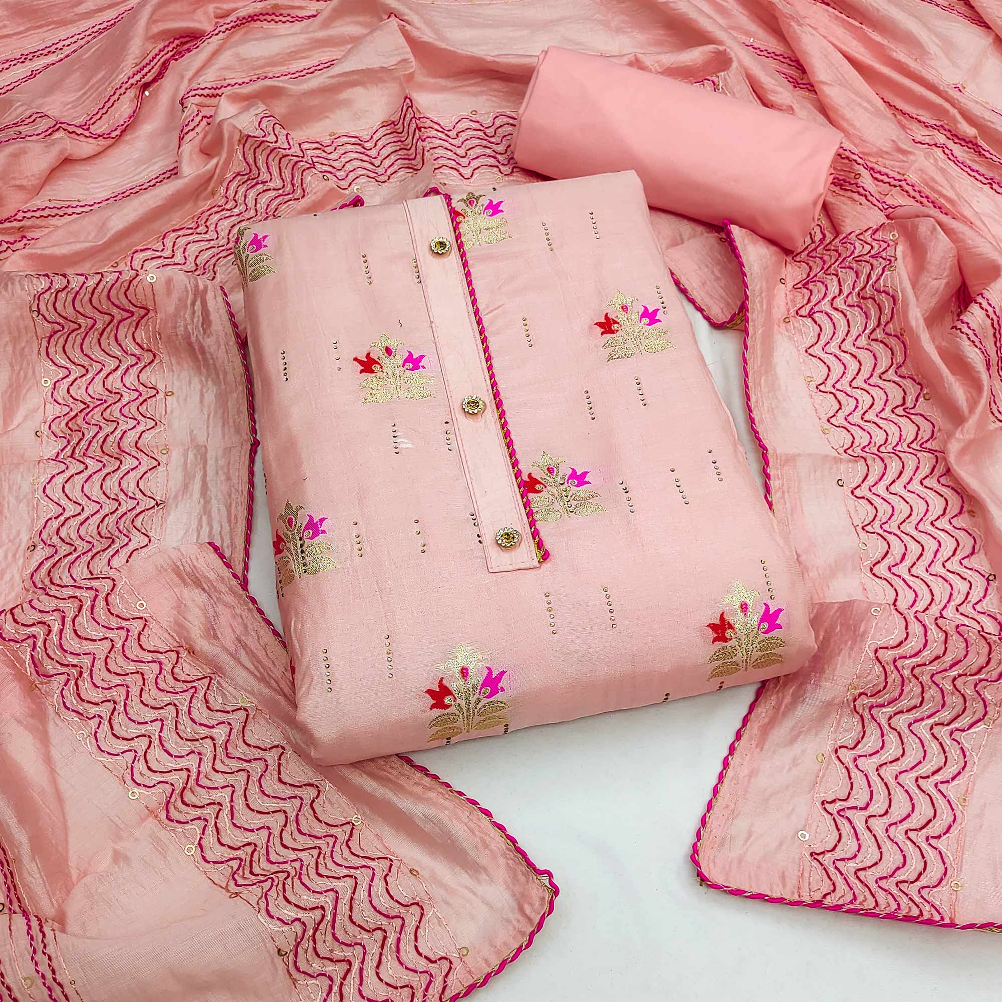 Pink Woven Banarasi Silk Dress Material