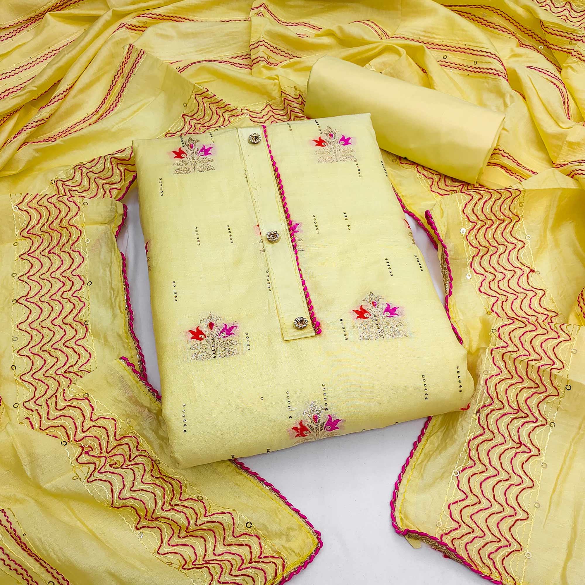 Yellow Woven Banarasi Silk Dress Material