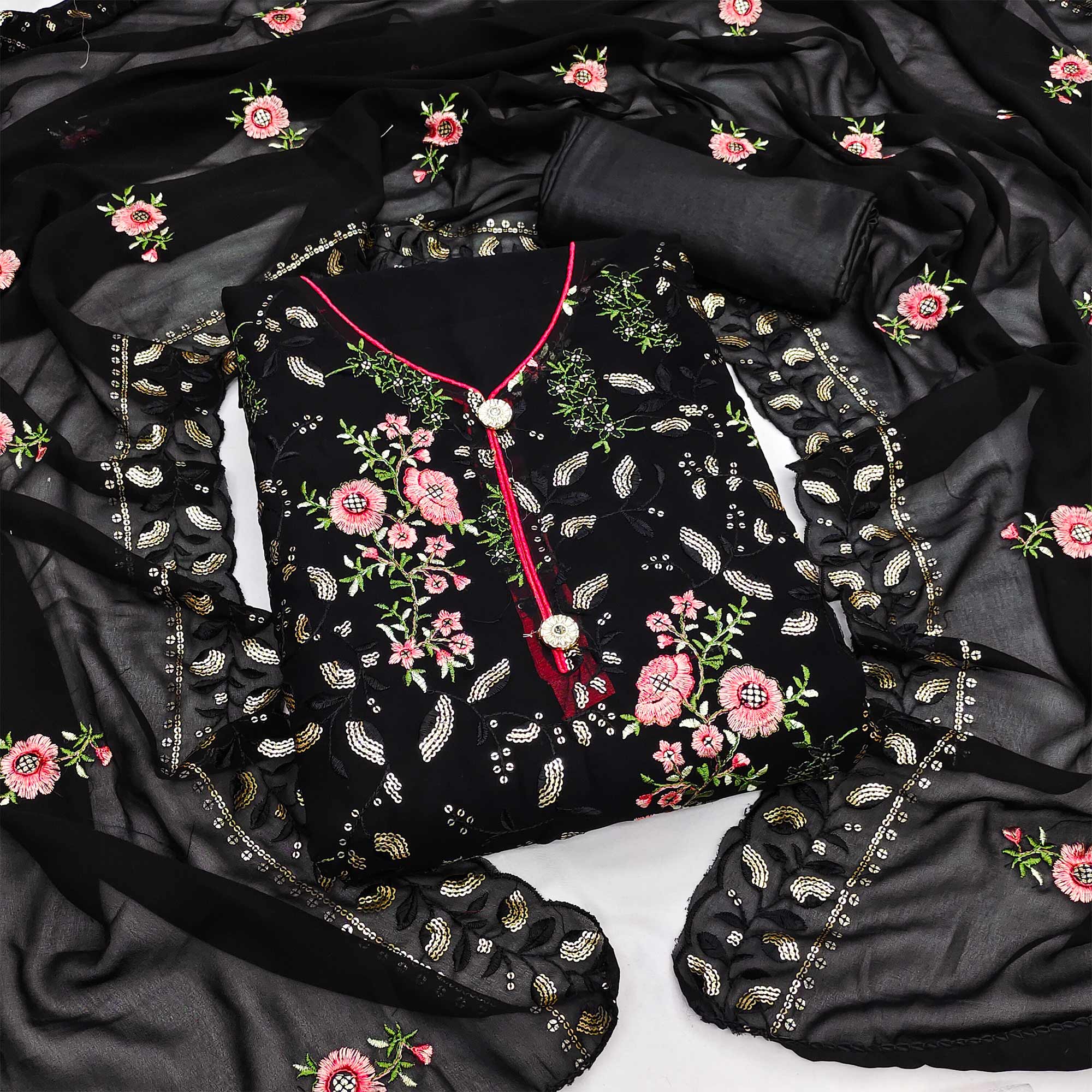 Black Sequins Embroidered Georgette Dress Material