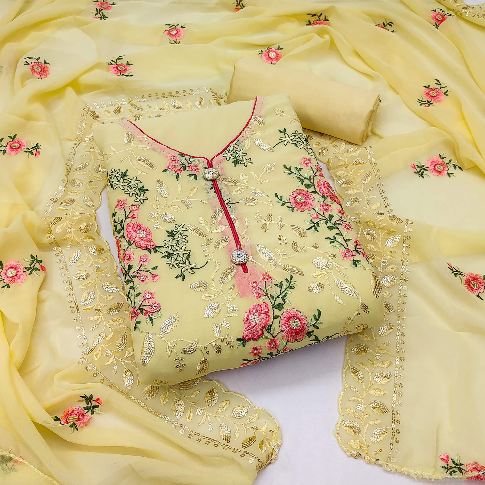 Yellow Sequins Embroidered Georgette Dress Material