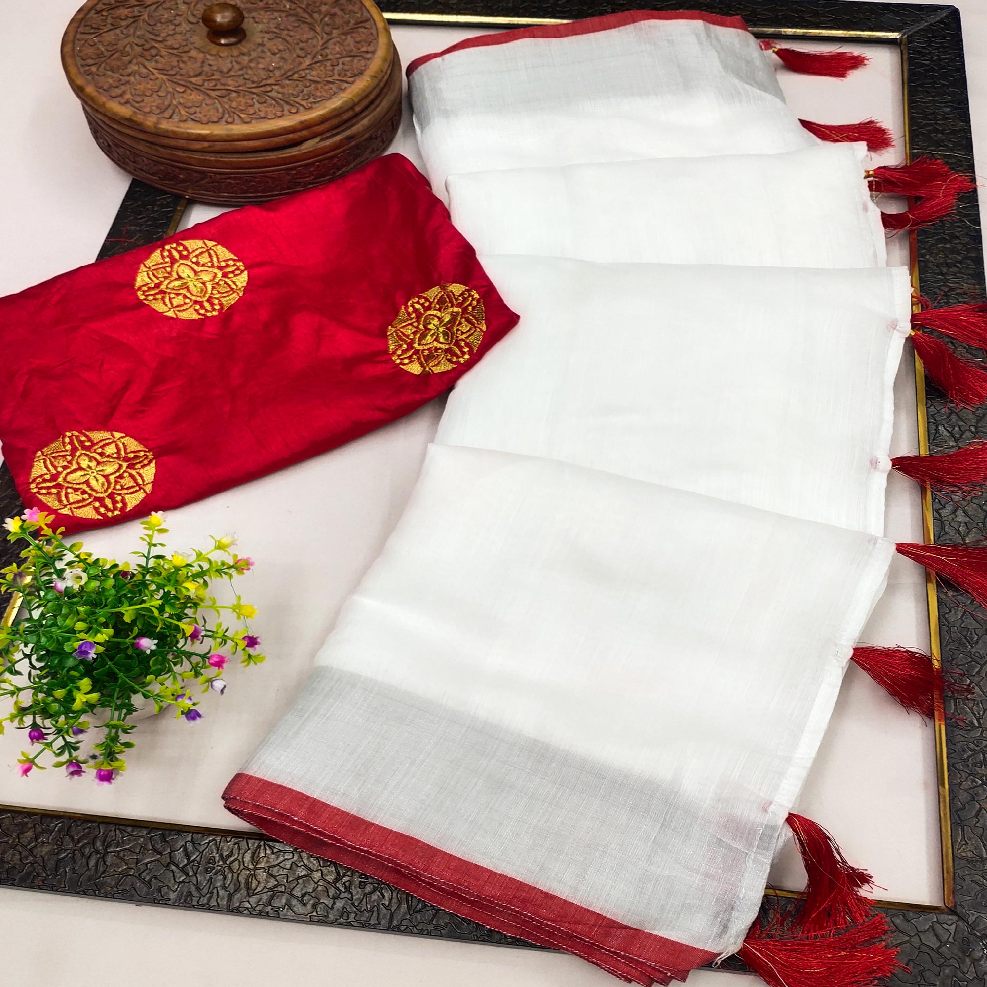 White Solid Chanderi Saree With Tassels