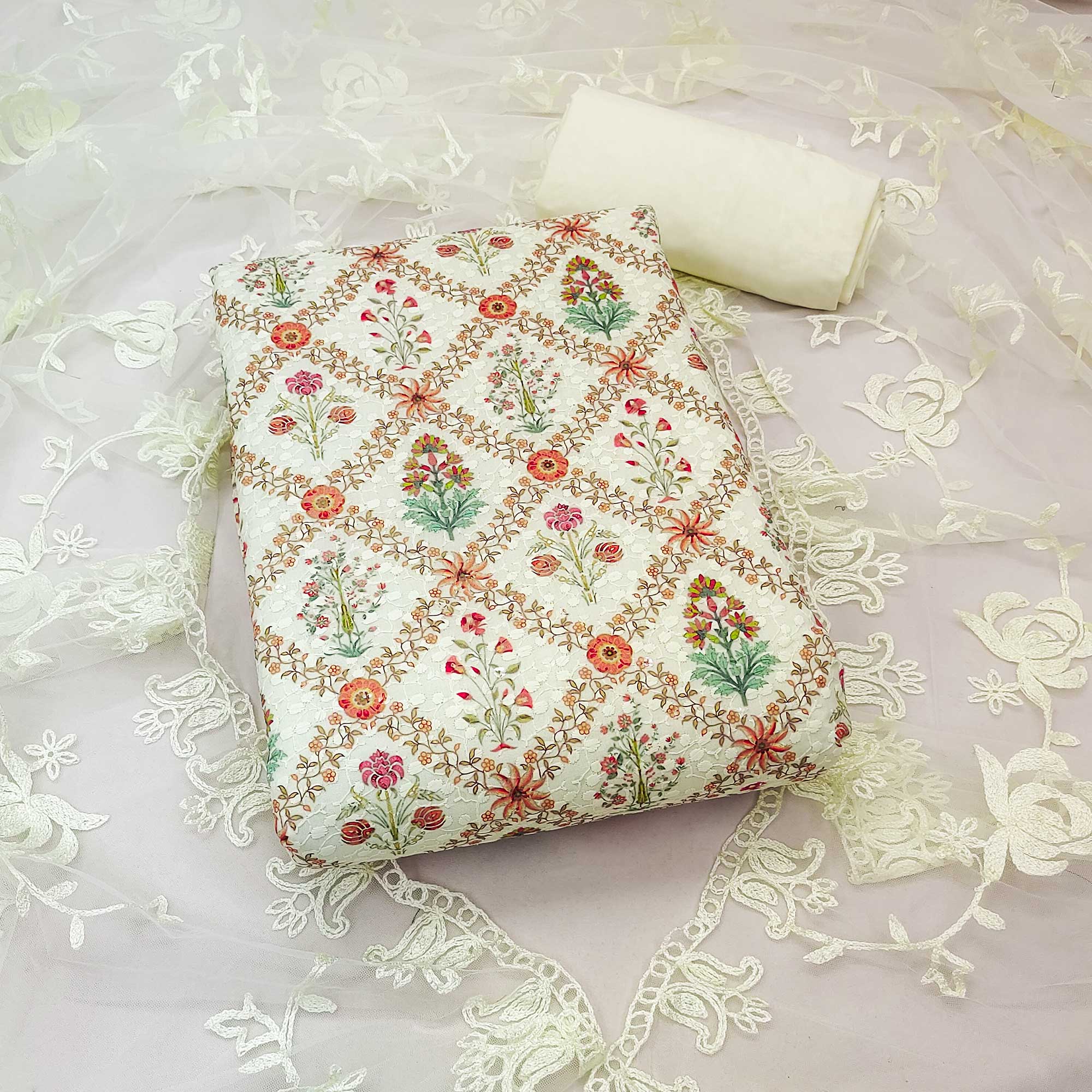 Off White Lucknowi With Printed Cotton Dress Material
