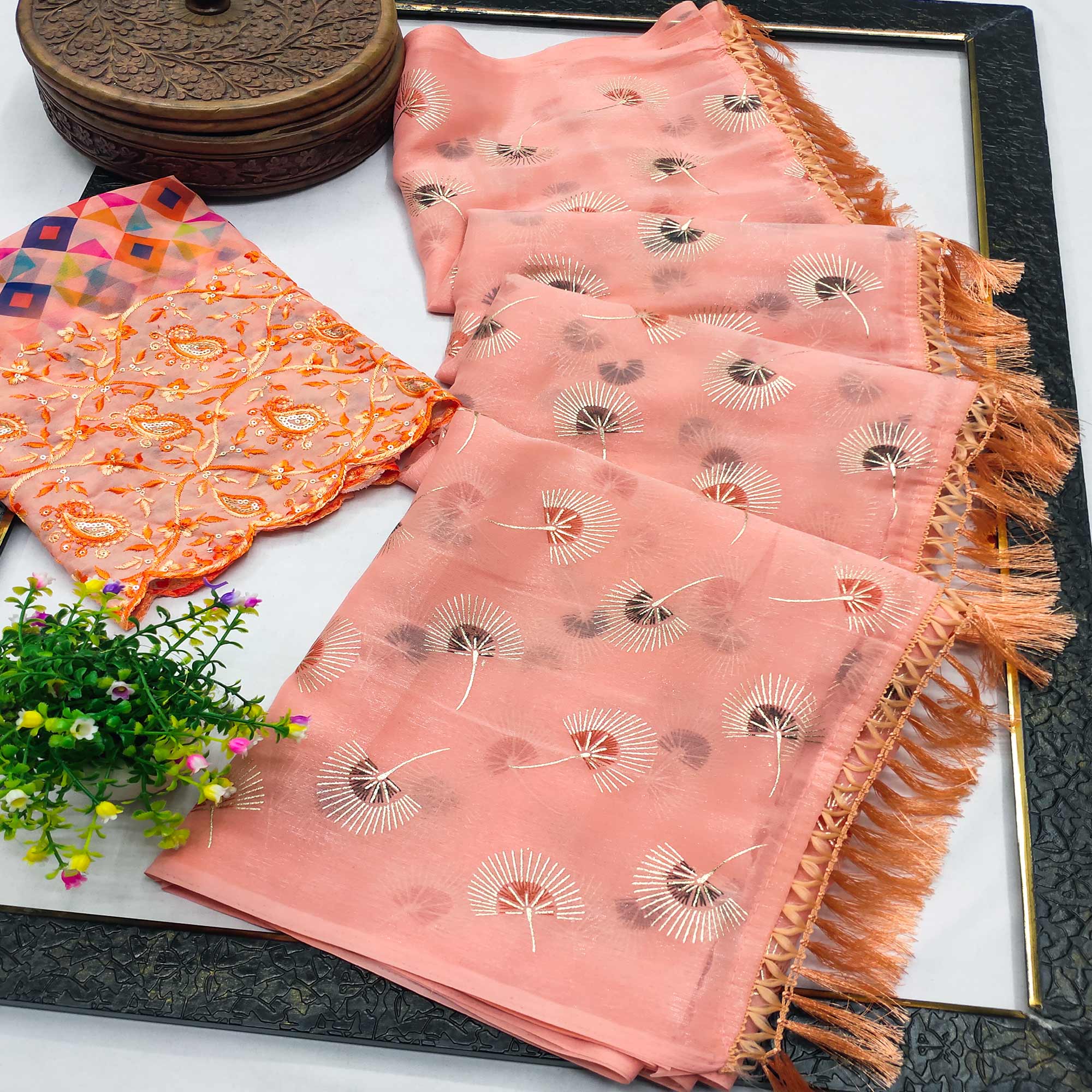 Peach Floral Embroidered Chiffon Saree