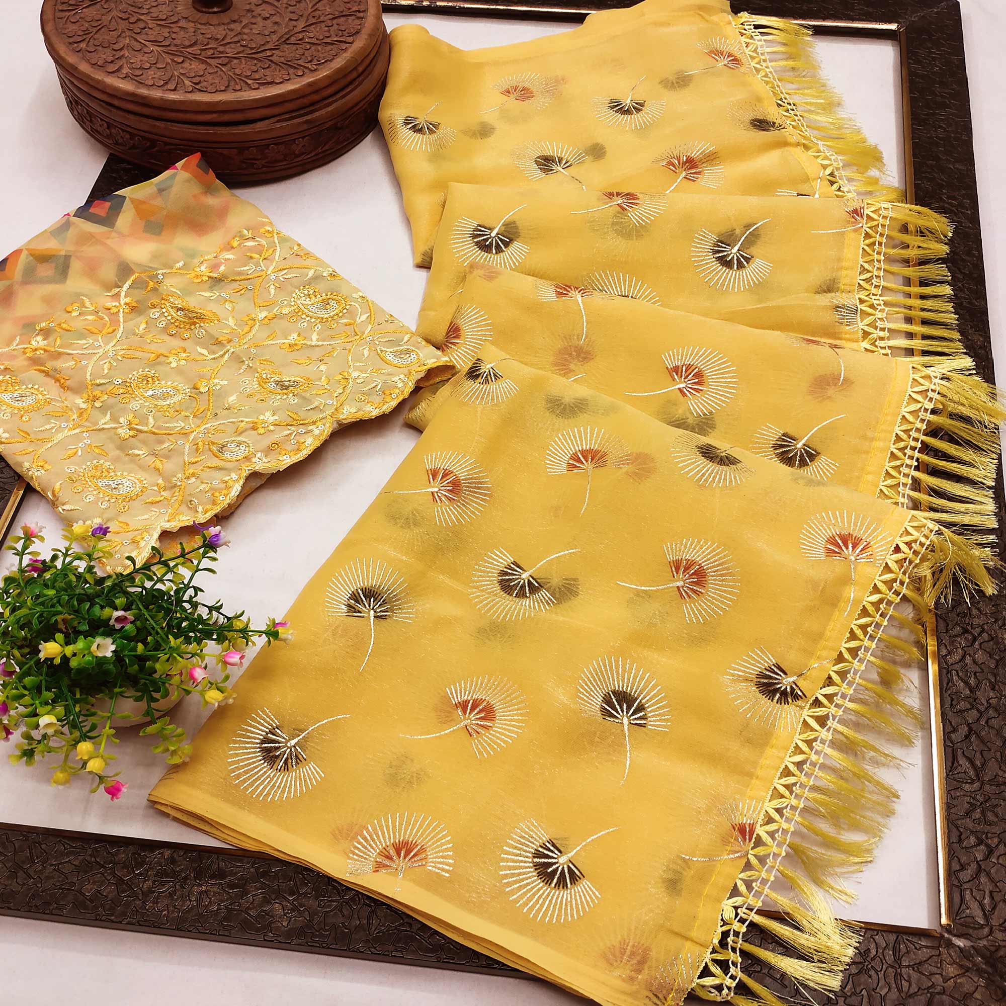Yellow Floral Embroidered Chiffon Saree