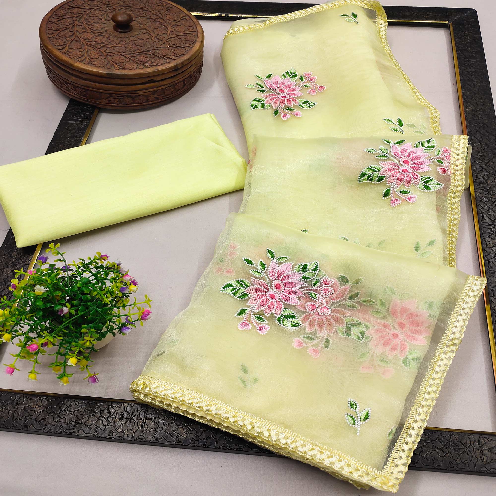 Yellow Floral Embroidered Organza Saree