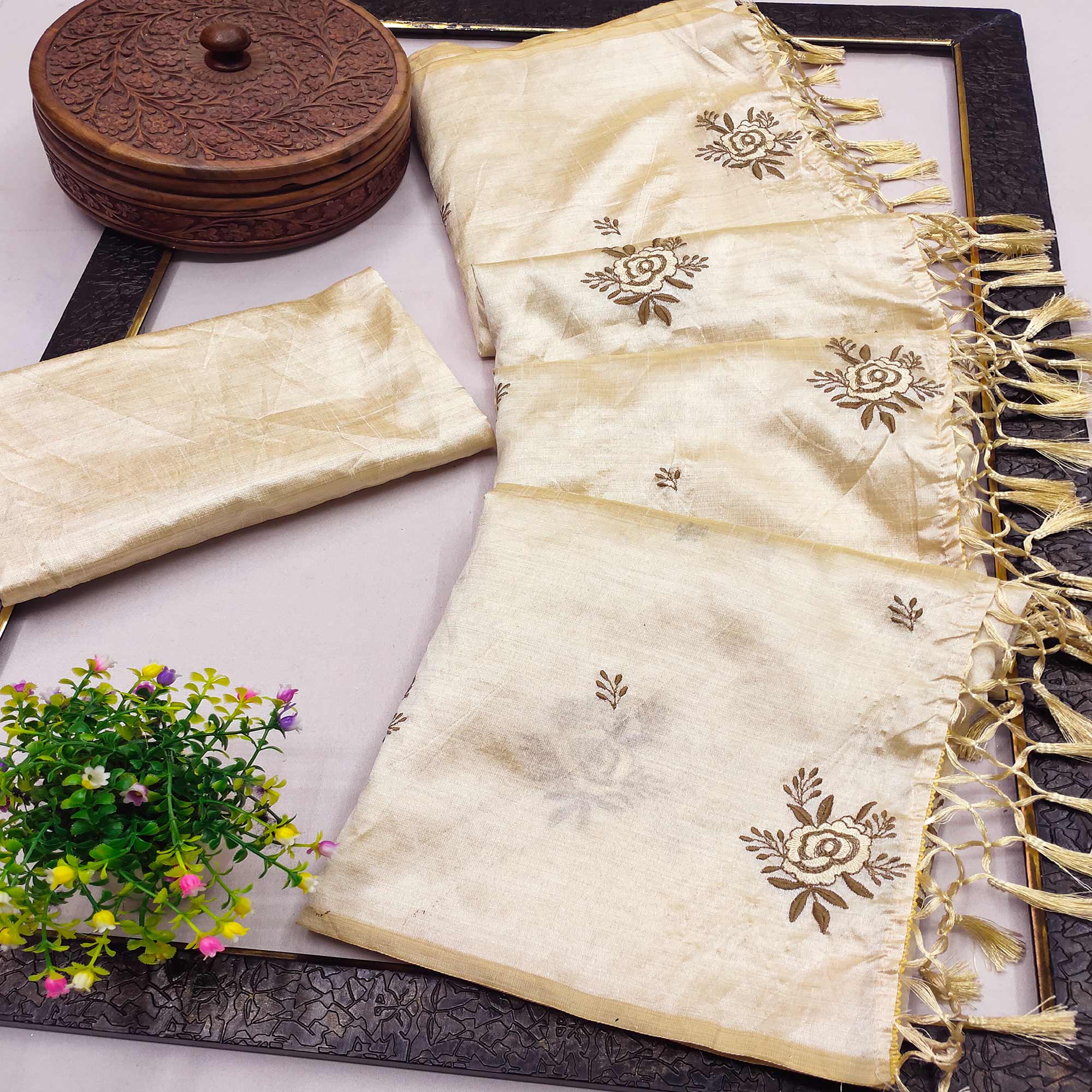 Cream Floral Embroidered Silk Saree