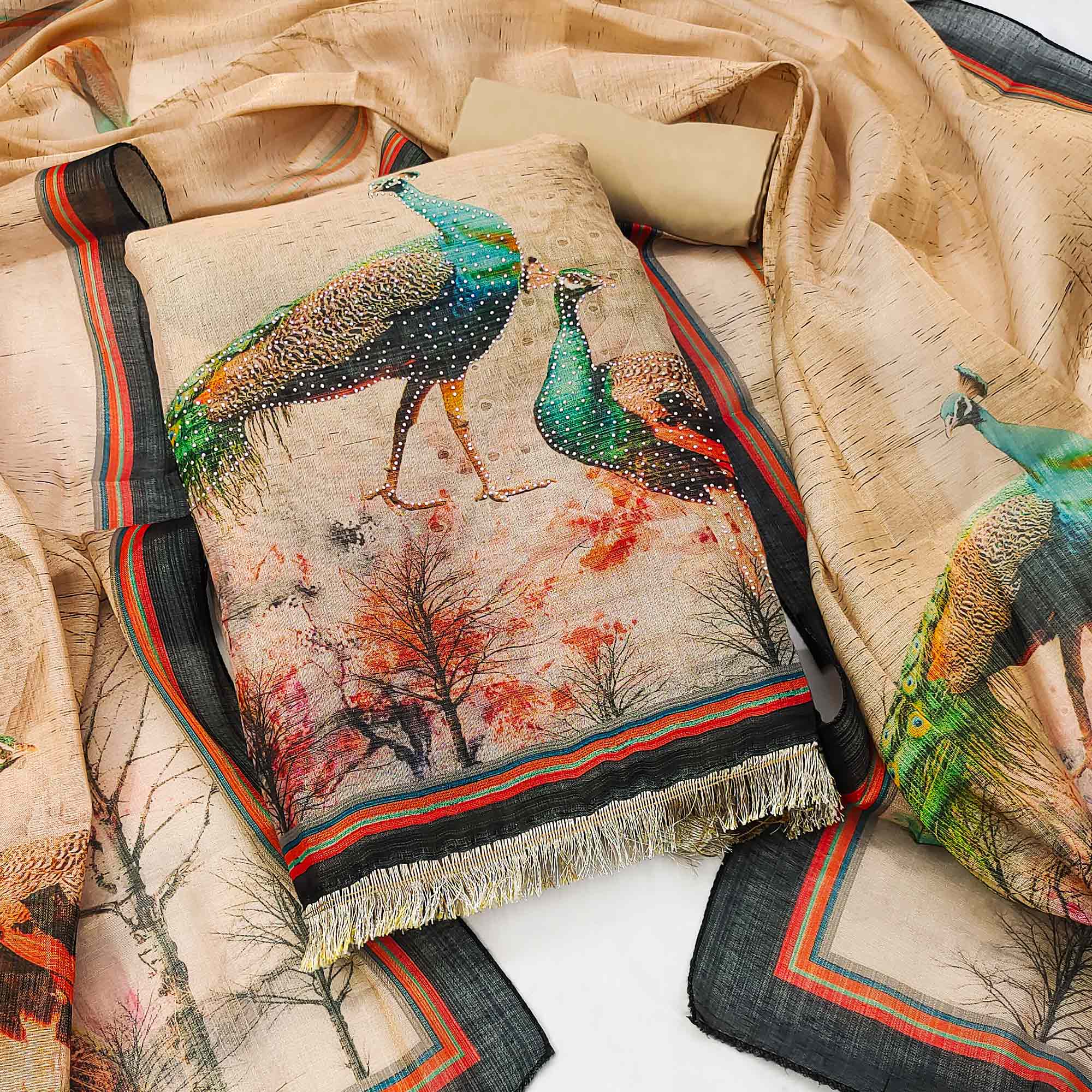 Beige Digital Printed Tussar Silk Dress Material