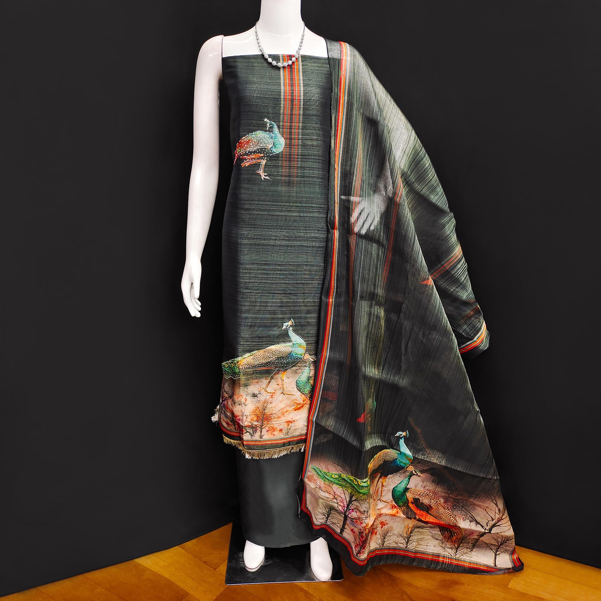 Grey Digital Printed Tussar Silk Dress Material