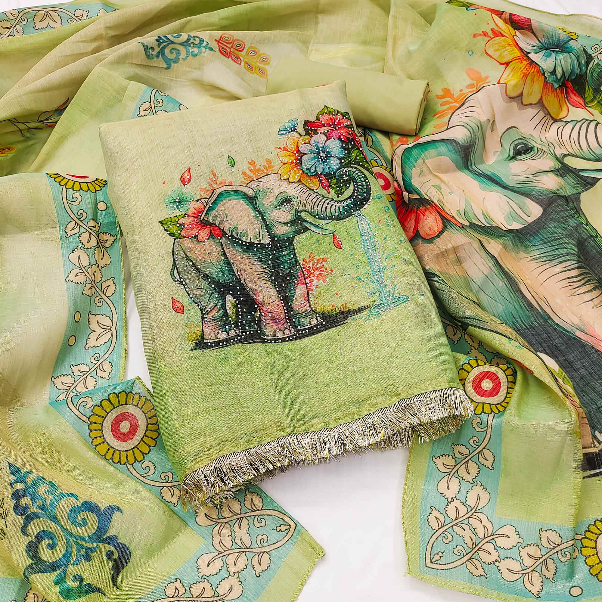 Green Digital Printed Tussar Silk Dress Material