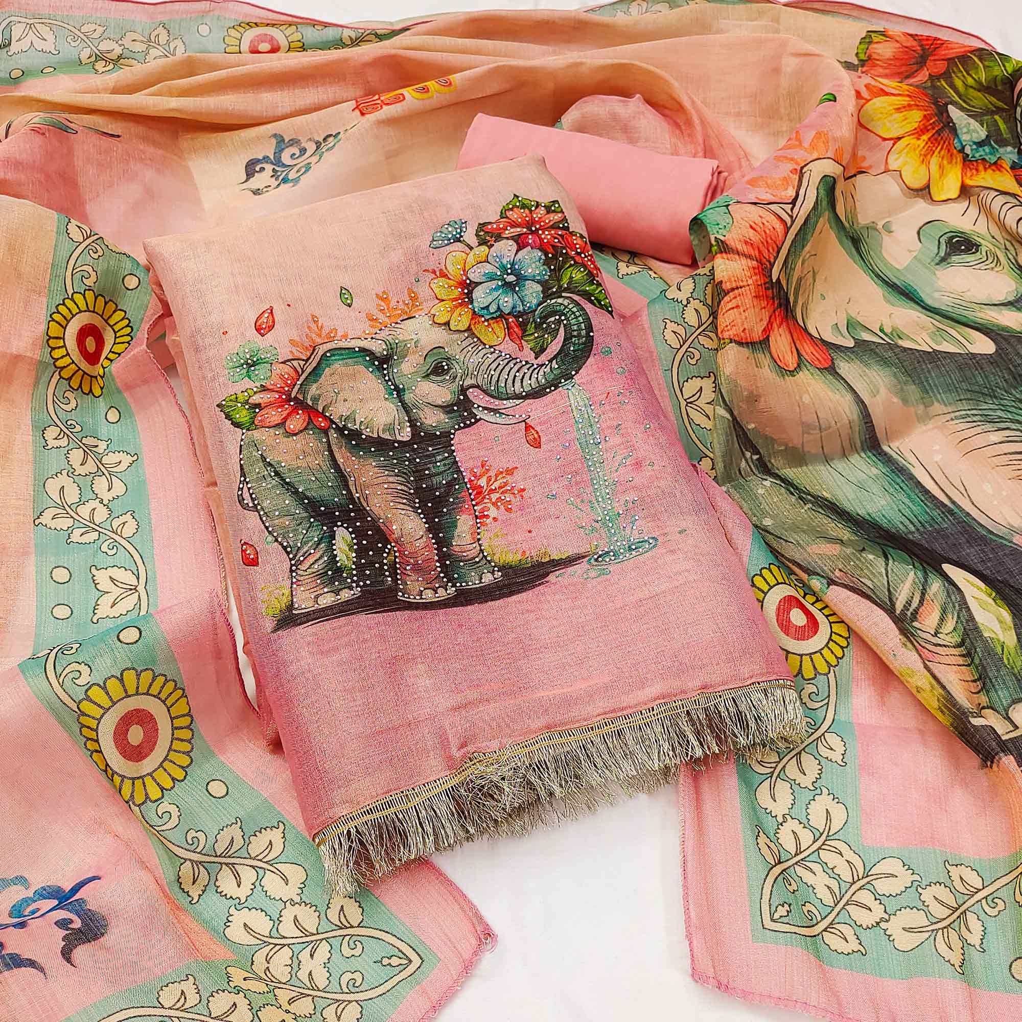 Pink Digital Printed Tussar Silk Dress Material