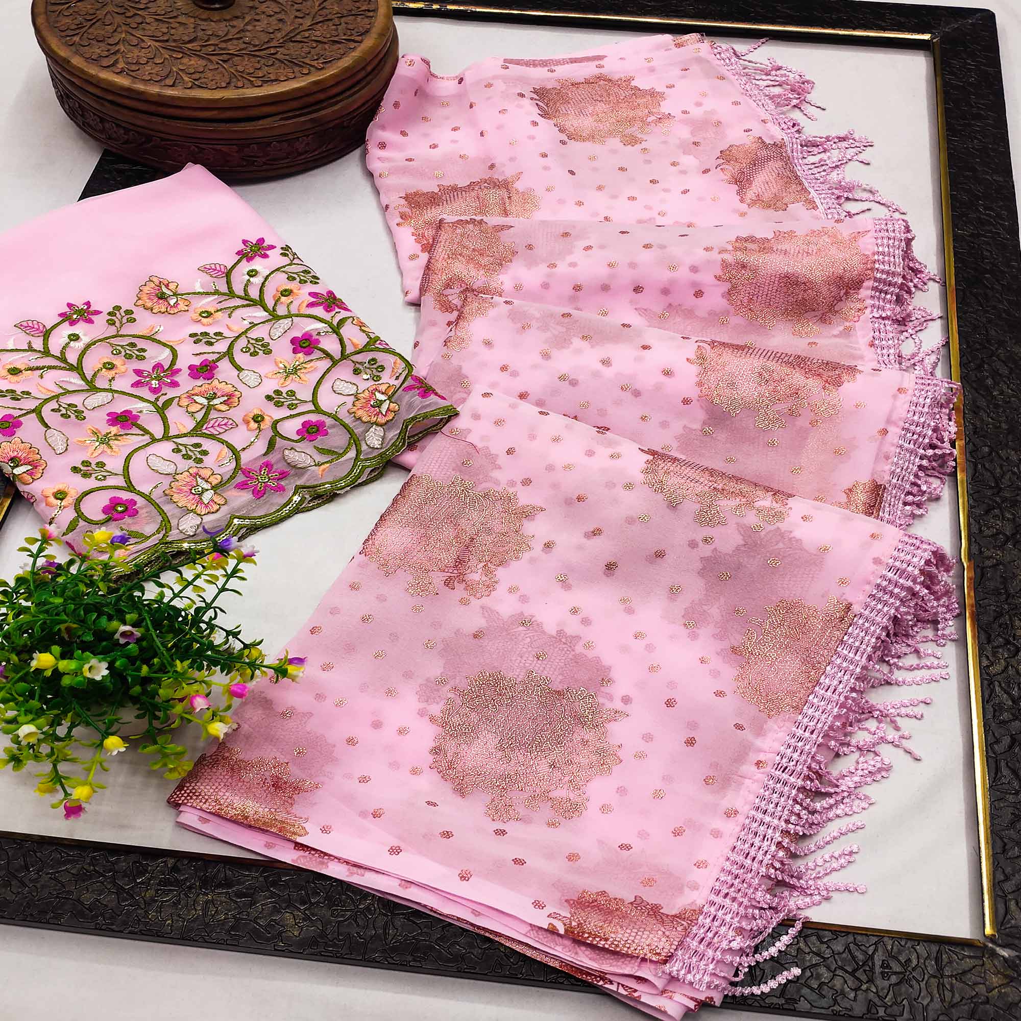 Pink Floral Printed Georgette Saree