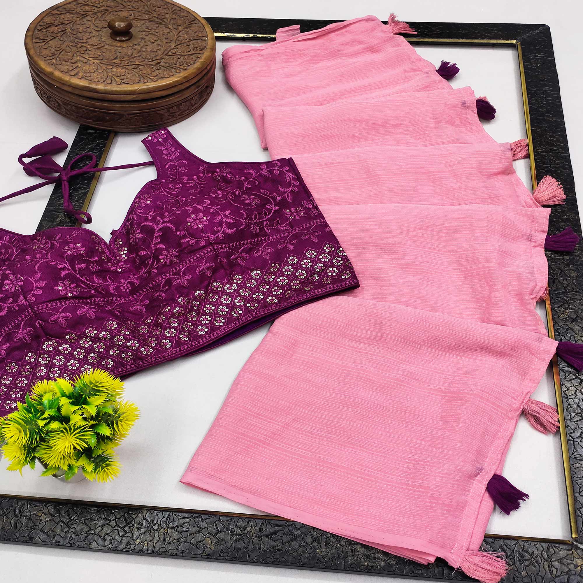 Pink Solid Chiffon Saree