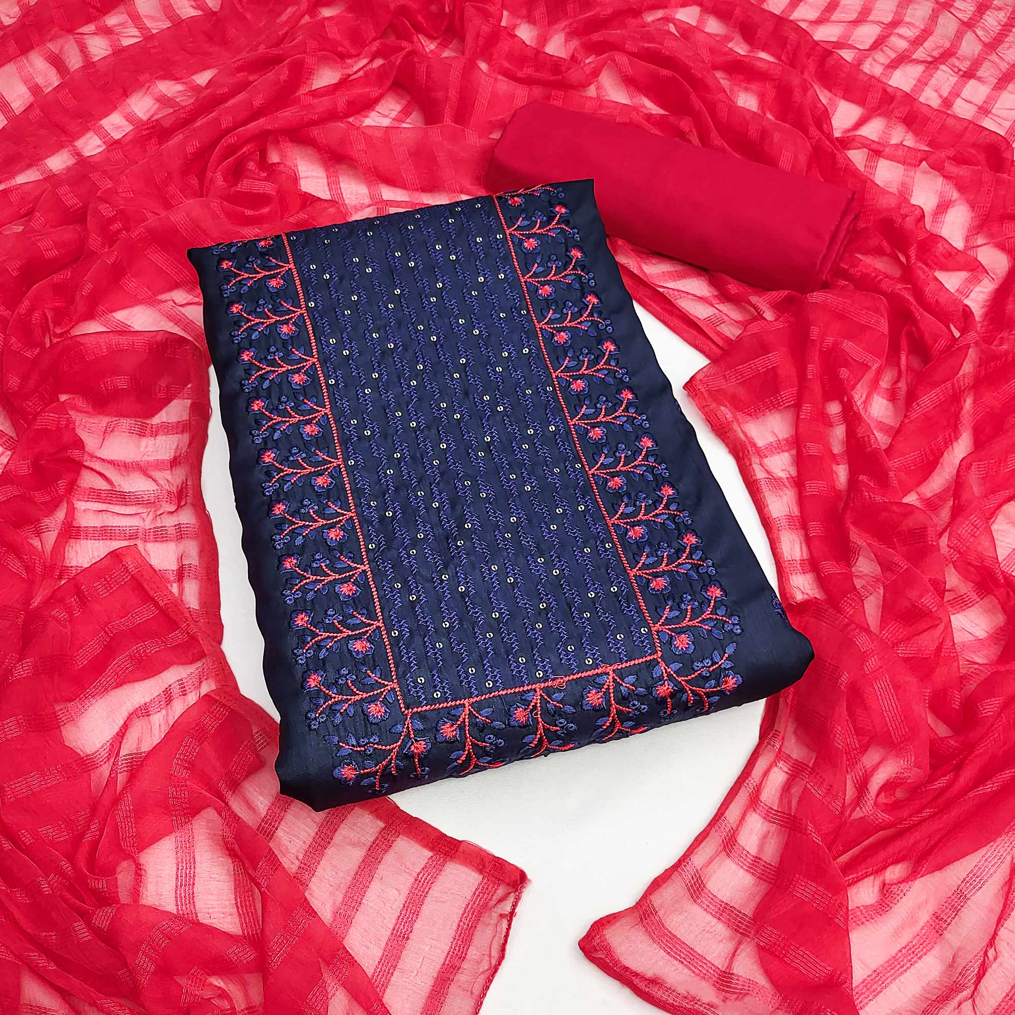 Navy Blue Embroidered Art Silk Dress Material