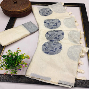 Off White Woven Pure Cotton Saree With Tassels