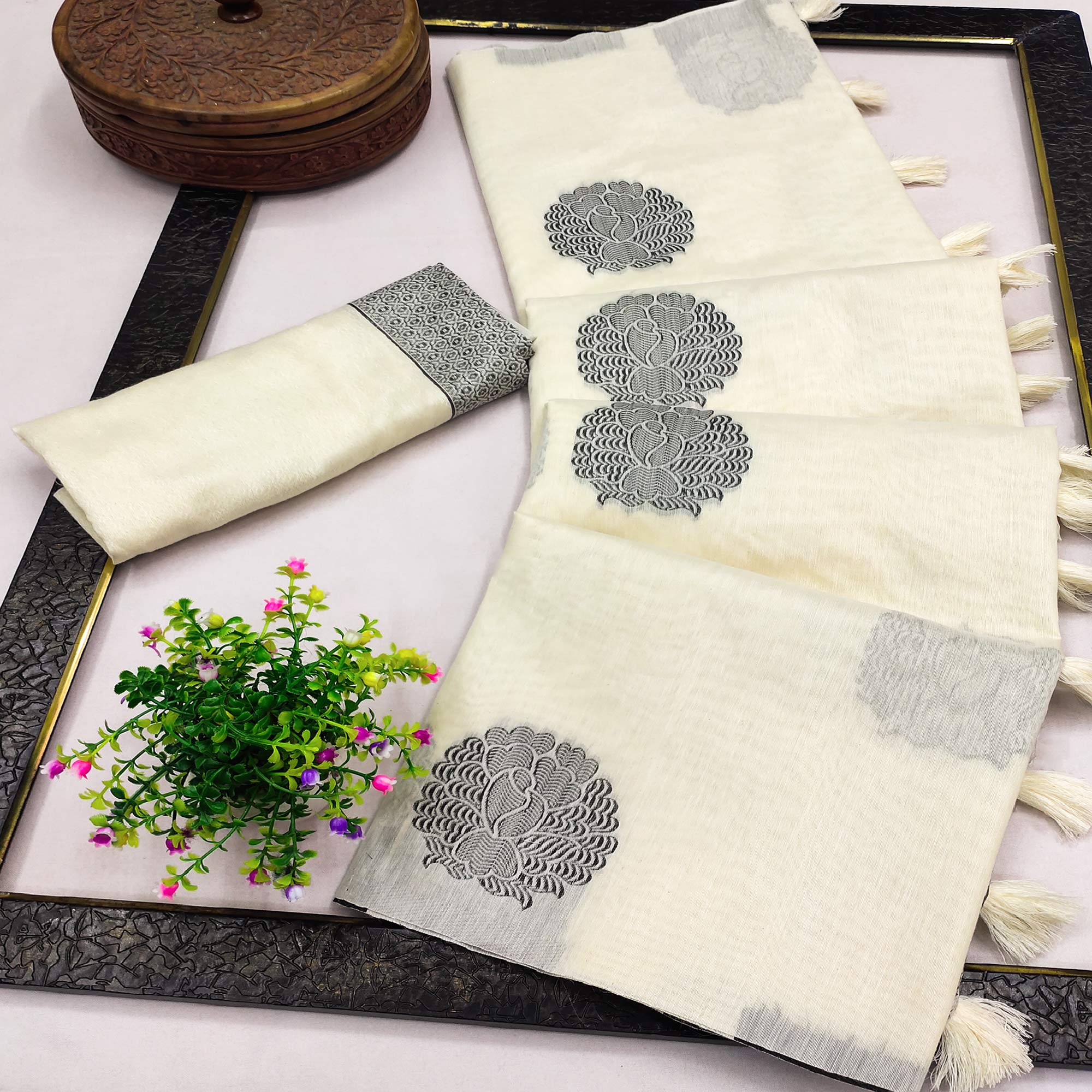 Off White Woven Pure Cotton Saree With Tassels