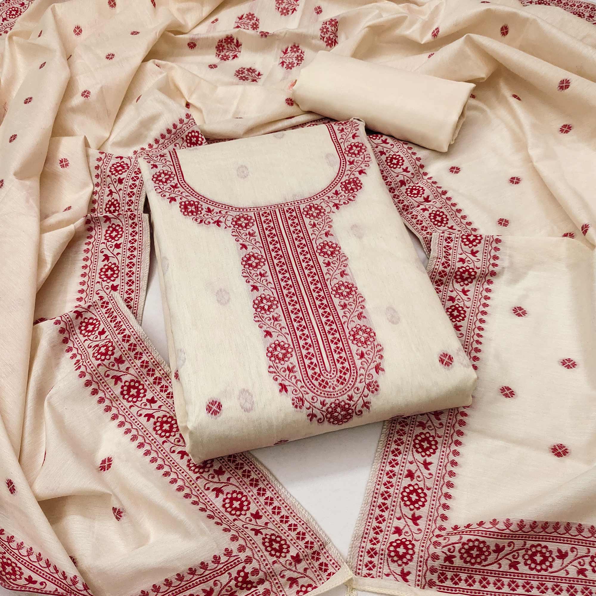 Off White Woven Pure Cotton Dress Material