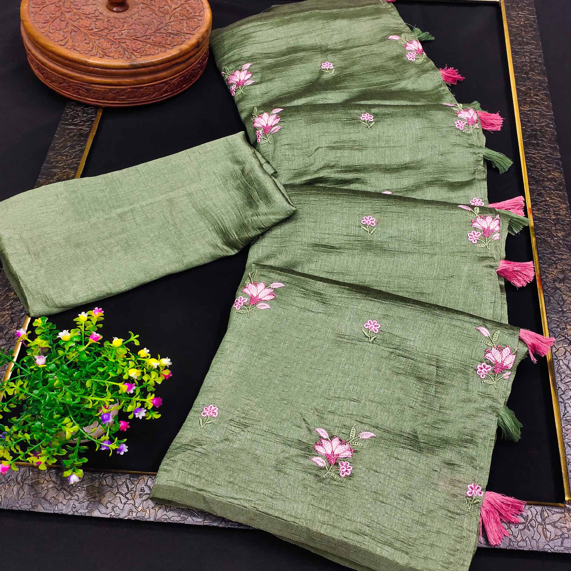 Green Floral Embroidered Vichitra Silk Saree