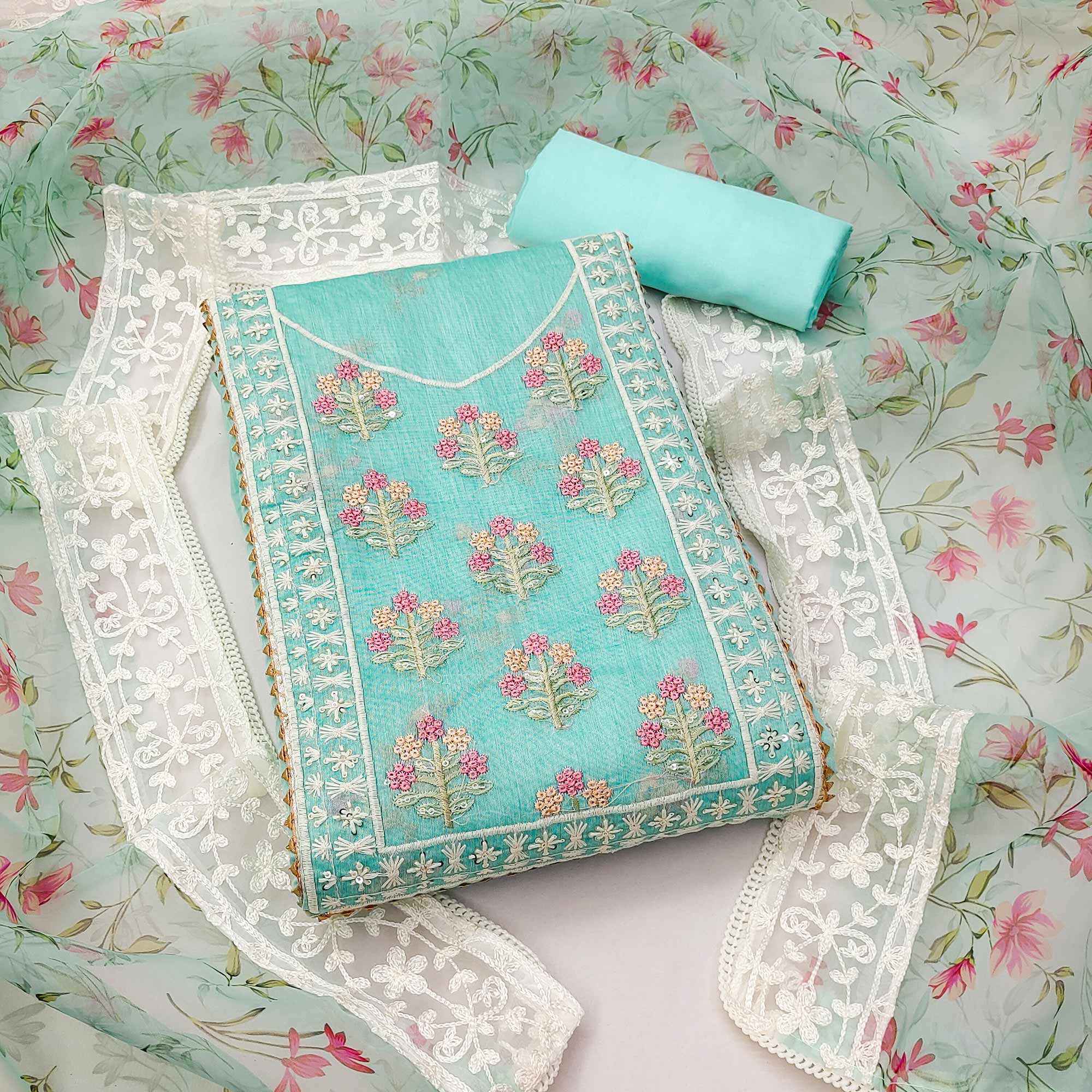 Turquoise Floral Embroidered Chanderi Dress Material