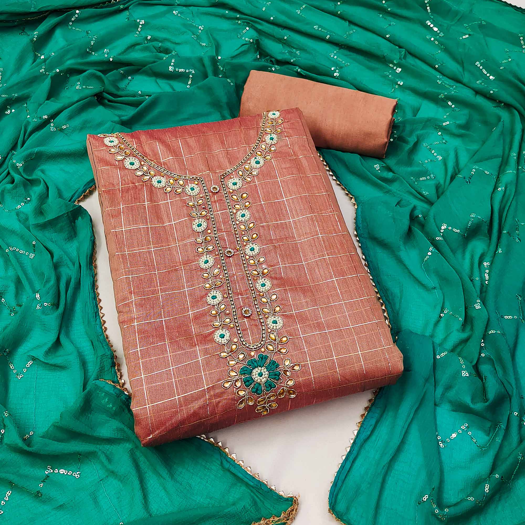 Peach Embroidered Chanderi Dress Material