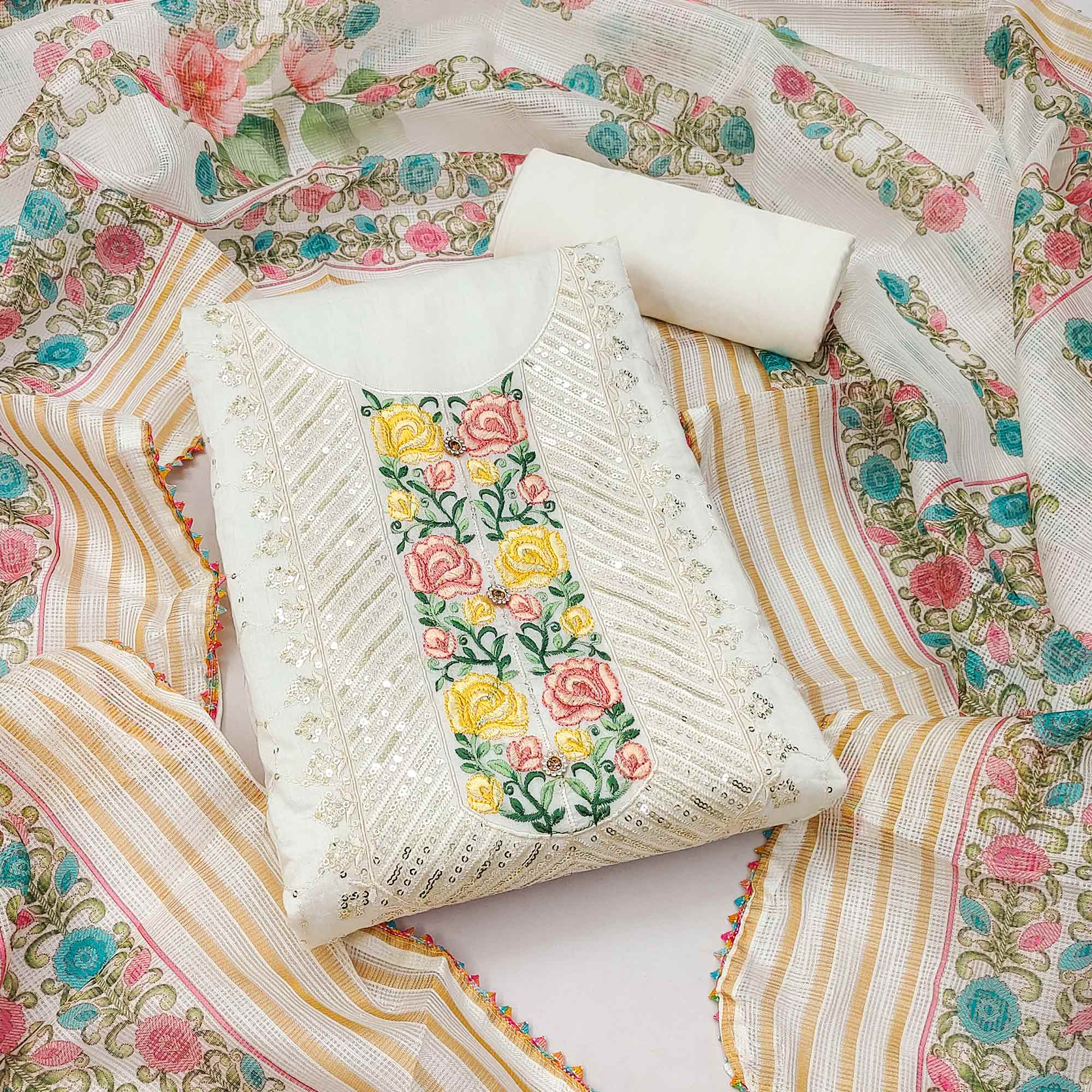Off White & Yellow Embroidered Chanderi Dress Material