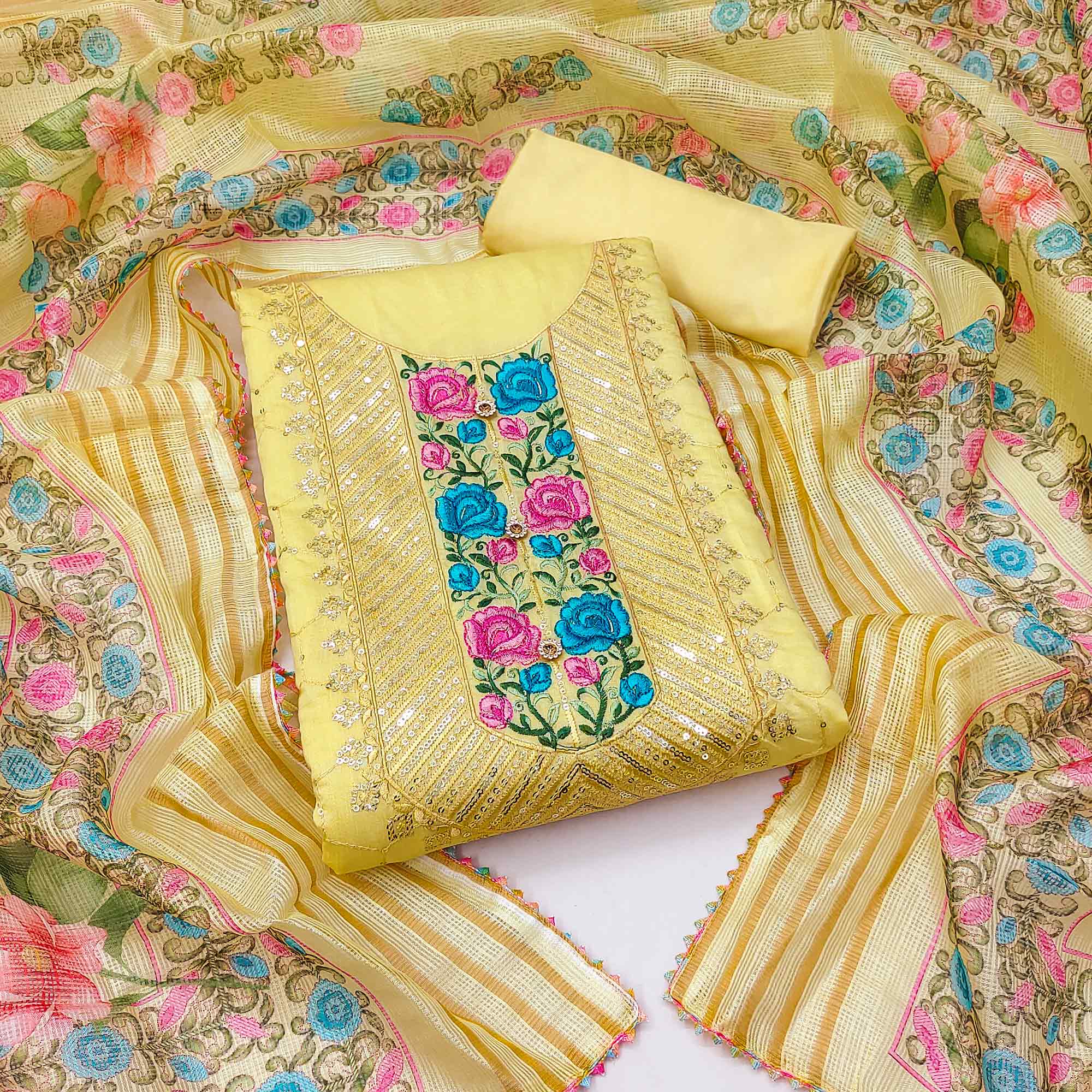 Yellow Embroidered Chanderi Dress Material