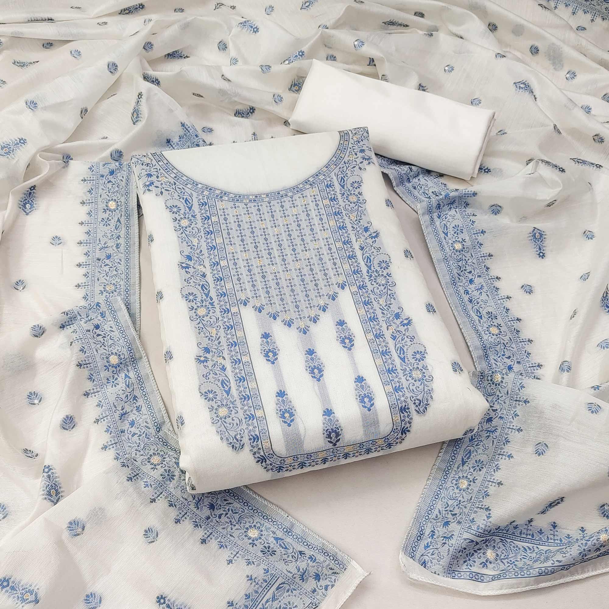 White & Blue Floral Woven Muslin Dress Material