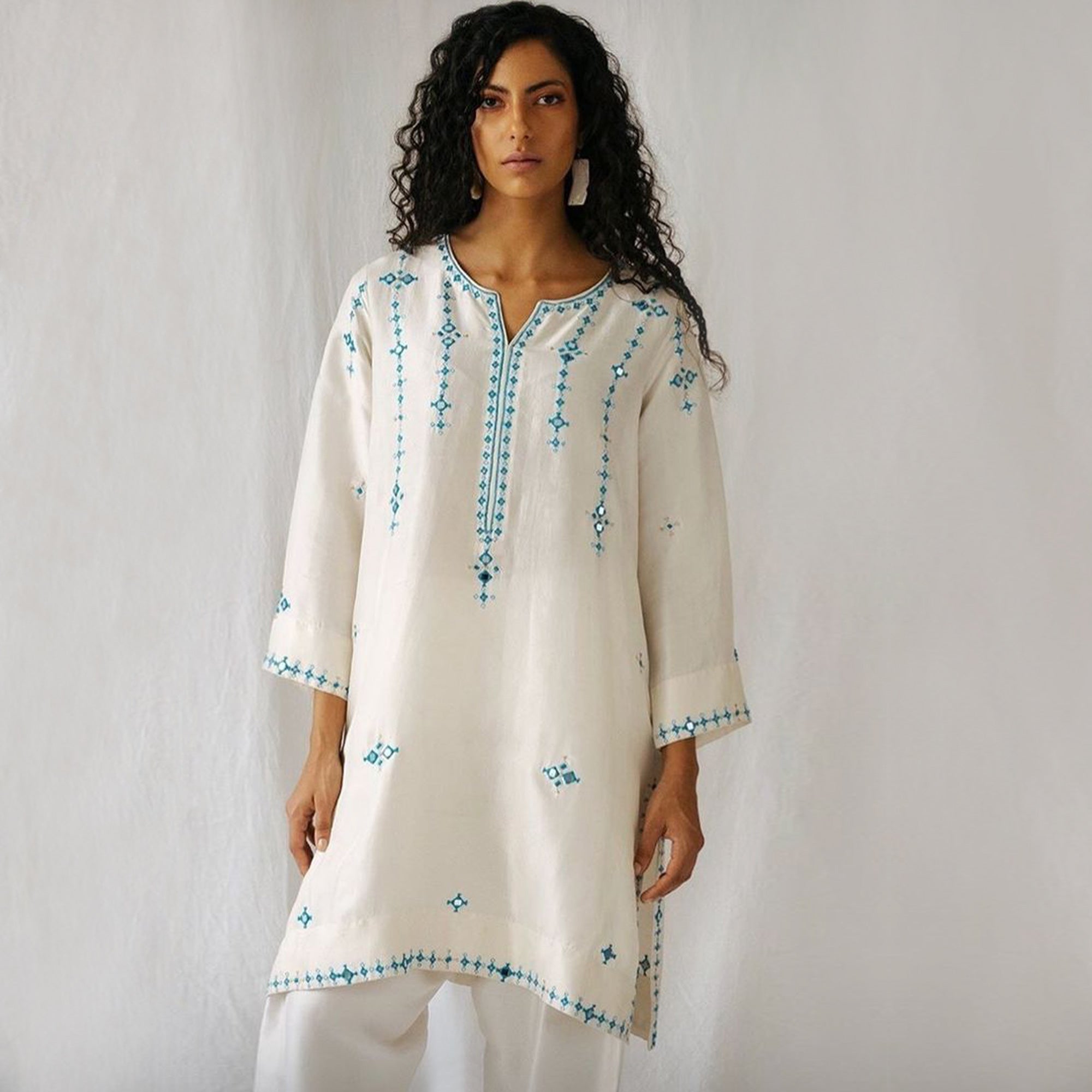 White Embroidered Pure Cotton Kurti