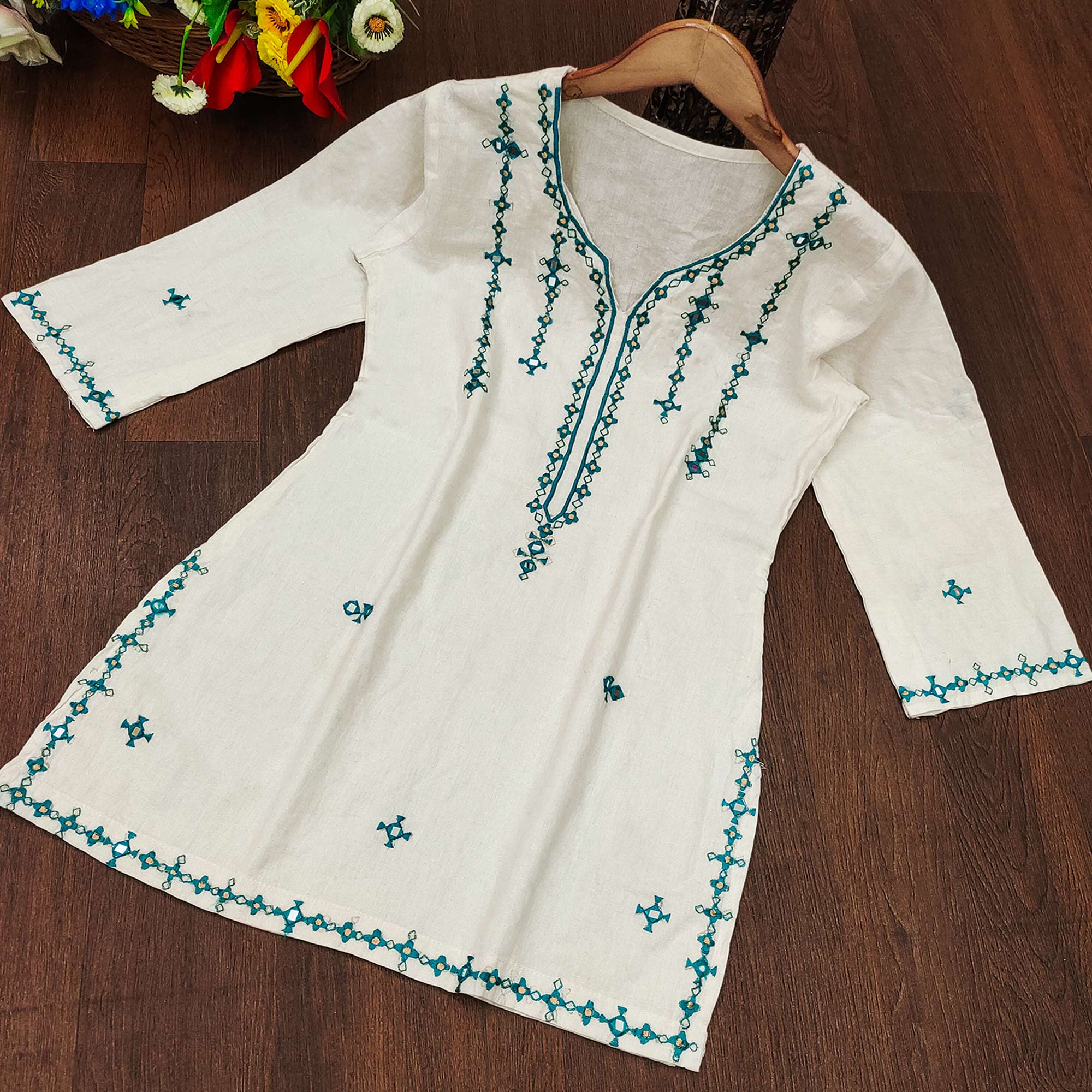 White Embroidered Pure Cotton Kurti